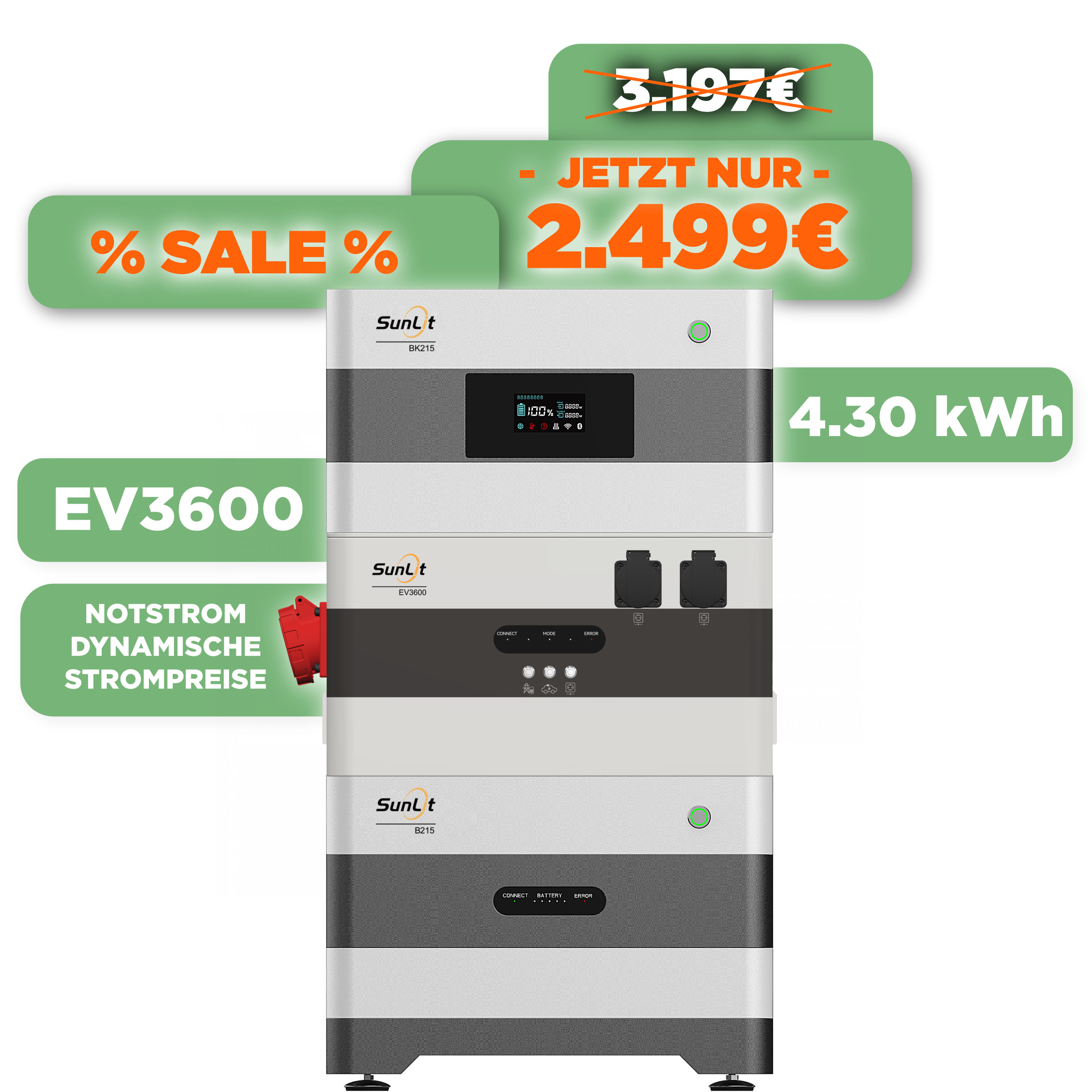 SunLit Solar EV3600 + B215 Ugrade-Set — SunLit Erweiterungsspeicher 2,15 kWh + EV3600 Wechselrichter für Notstrom, Wallbox und dynamische Stromtarife