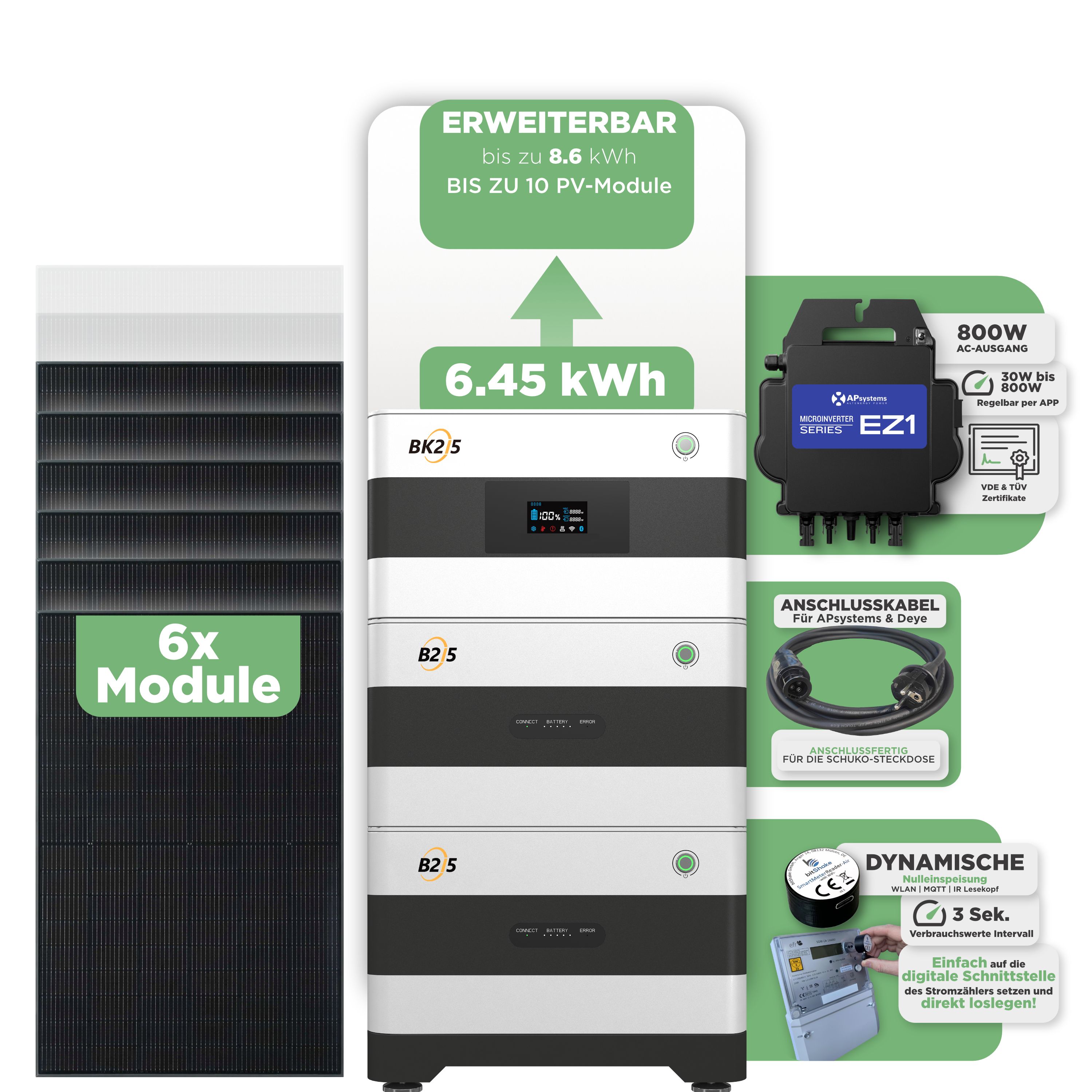 SunEnergyXT Balkonkraftwerkspeicher — 6.450 Wh / mit IR Lesekopf (bitshake) / 800 W (Apsystems EZ1-M) / 20 m Schuko Kabel / 6 x Trina 440 Wp Bifazial