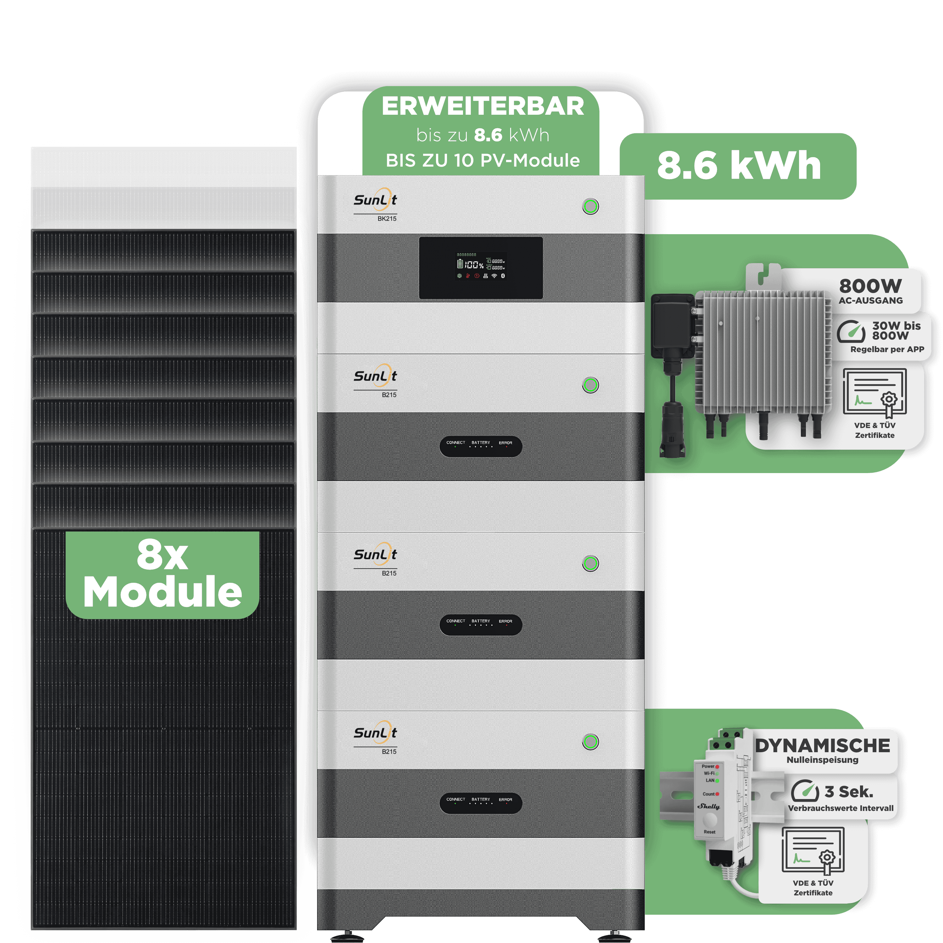 Sunlit Balkonkraftwerkspeicher — 8.600 Wh / mit Shelly 3EM Pro / 800 W (Deye-SUN-M) / 8 x Trina 440 Wp Bifazial Sunlit Balkonkraftwerkspeicher — 8.600 Wh / mit Shelly 3EM Pro / 800 W (Deye-SUN-M) / 8 x Trina 440 Wp Bifazial