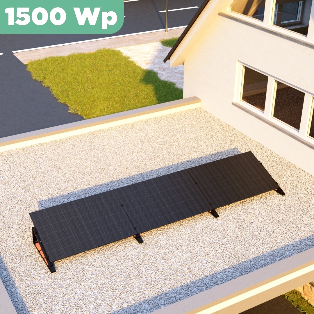 Balkonkraftwerk Flachdach 1500 Wp — APsystems EZ1-M 800 W / Trina Solar / 500 Wp (Glas-Glas) / Black Line / eine Reihe quer / 3 Module