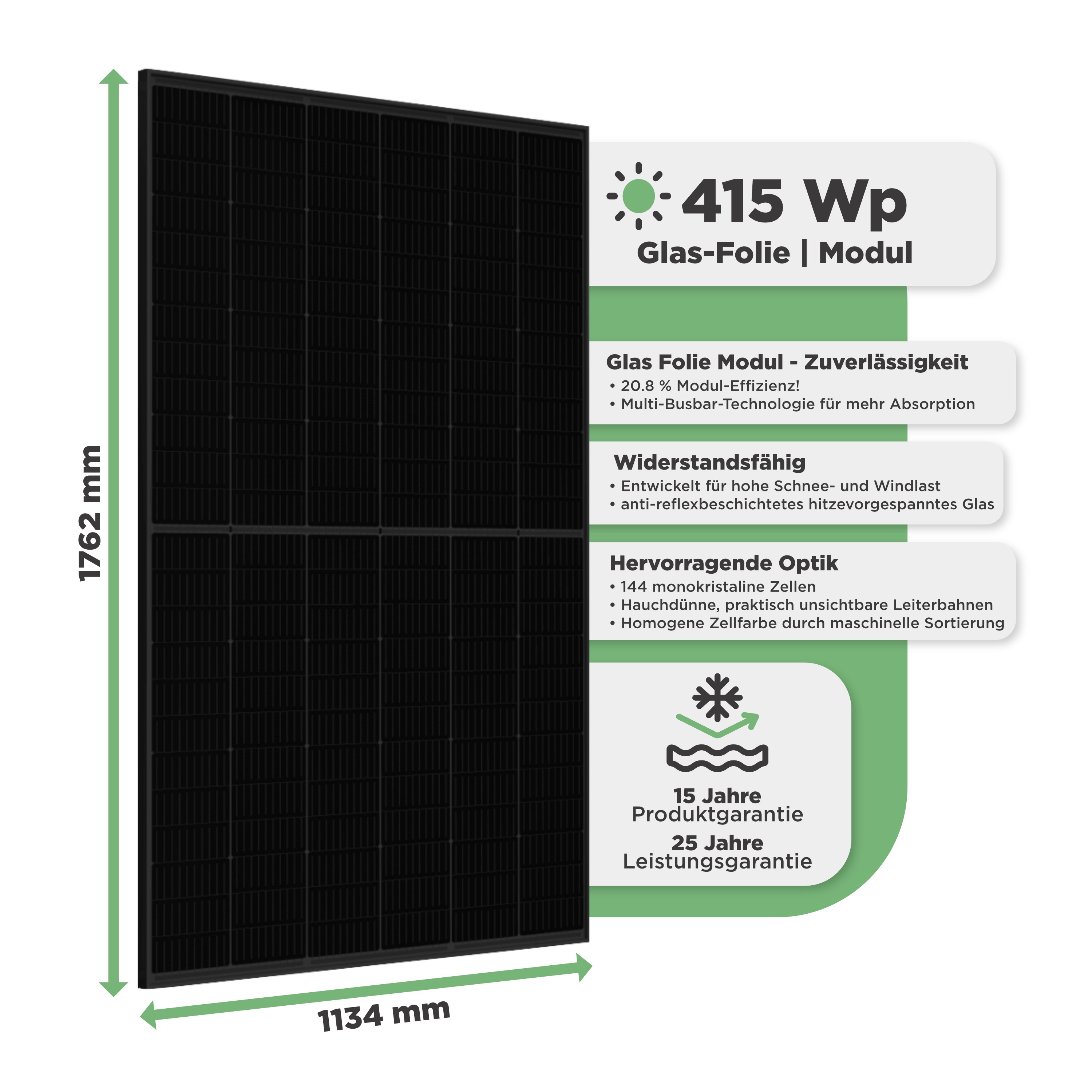 Balkonkraftwerk Flachdach 830 Wp — APsystems EZ1-M 800 W / Trina Solar / 415 Wp (Full Black, Glas-Folie) / Standard / zwei Reihen quer / 2 Module / 20 m