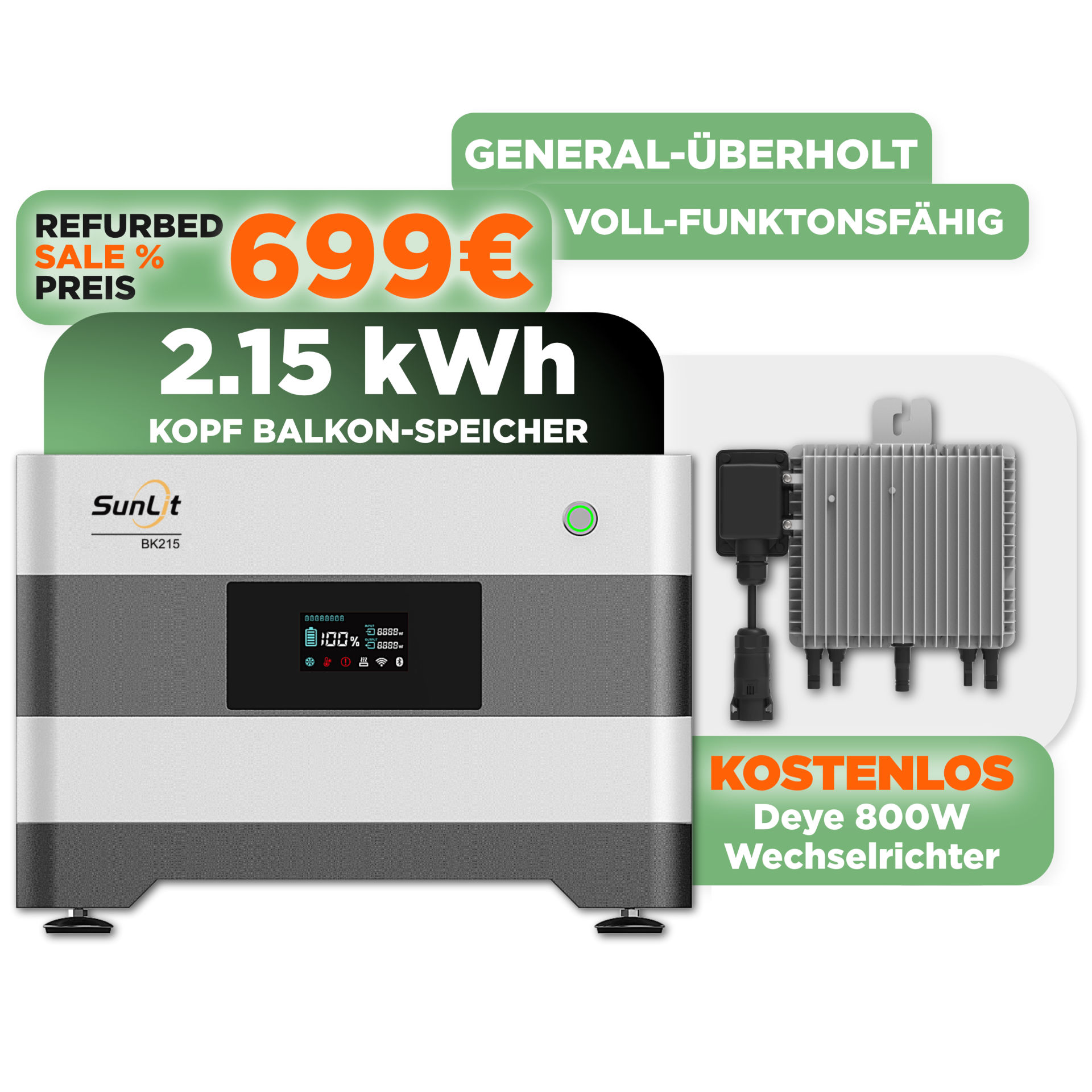 SunLit BK215 2.150 Wh Kopfspeicher für SunLit Balkonkraftwerk-Speicher (Refurbished)  — mit gratis Deye 800 W Wechselrichter SunLit BK215 2.150 Wh Kopfspeicher für SunLit Balkonkraftwerk-Speicher (Refurbished)  — mit gratis Deye 800 W Wechselrichter