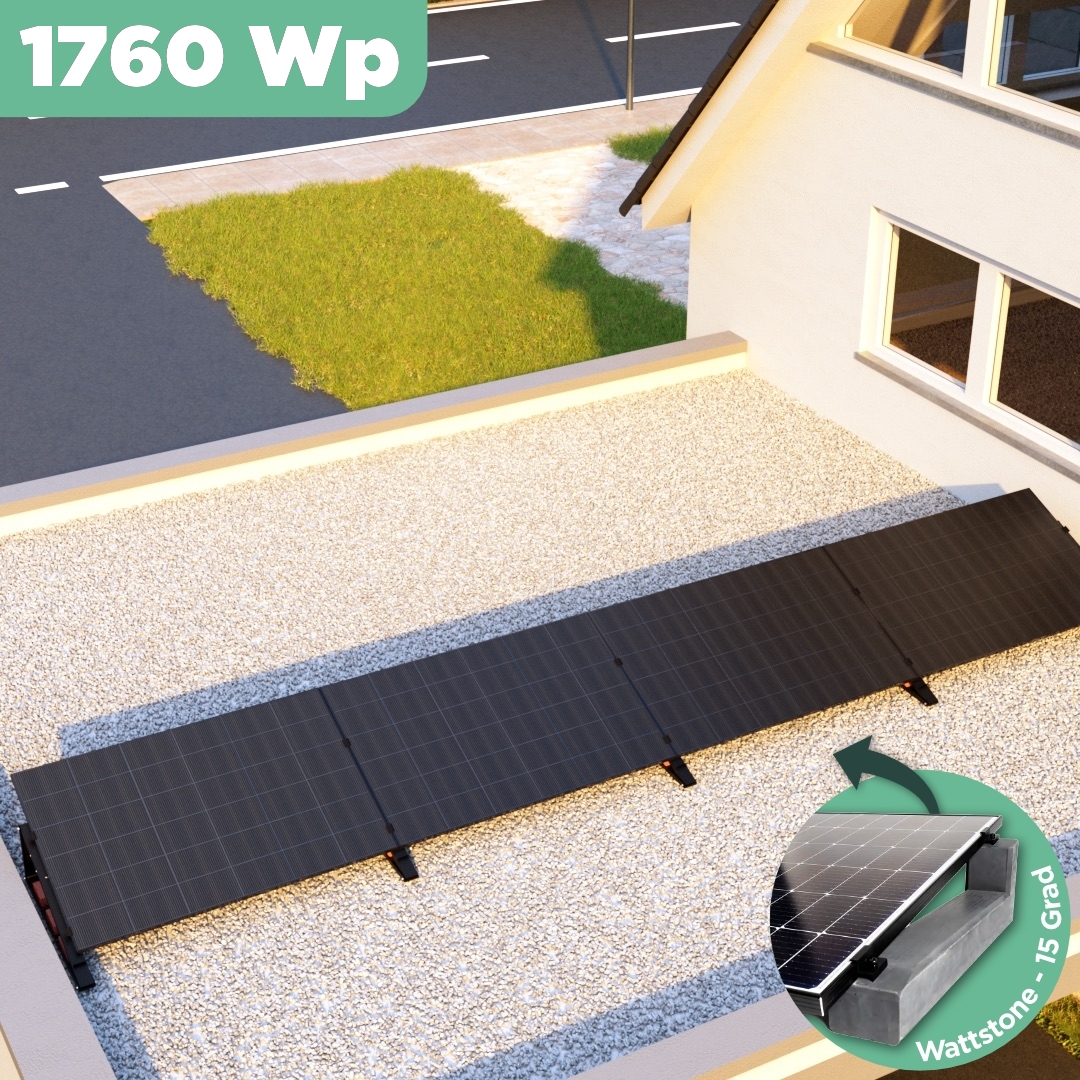 Balkonkraftwerk Flachdach 1760 Wp — APsystems EZ1-M 800 W / Trina Solar / 440 Wp (Glas-Glas + Bifazial) / Premium - Wattstone Black 15°  / eine Reihe quer / 4 Module Balkonkraftwerk Flachdach 1760 Wp — APsystems EZ1-M 800 W / Trina Solar / 440 Wp (Glas-Glas + Bifazial) / Premium - Wattstone Black 15°  / eine Reihe quer / 4 Module / 20 m