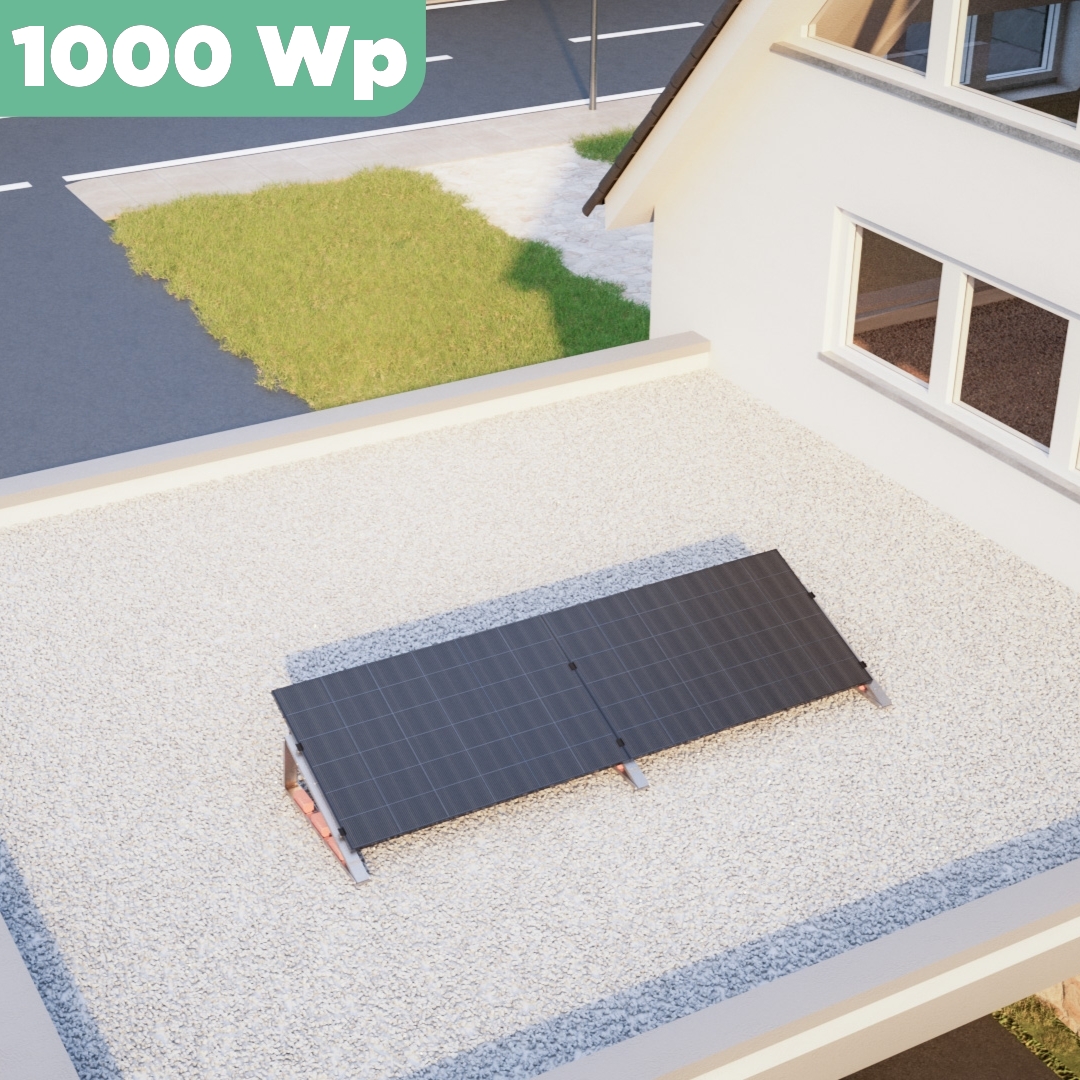 Balkonkraftwerk Flachdach 1000 Wp — APsystems EZ1-M 800 W / Trina Solar / 500 Wp (Glas-Glas Full Black) / Standard / eine Reihe quer / 2 Module Balkonkraftwerk Flachdach 1000 Wp — APsystems EZ1-M 800 W / Trina Solar / 500 Wp (Glas-Glas Full Black) / Standard / eine Reihe quer / 2 Module / 20 m