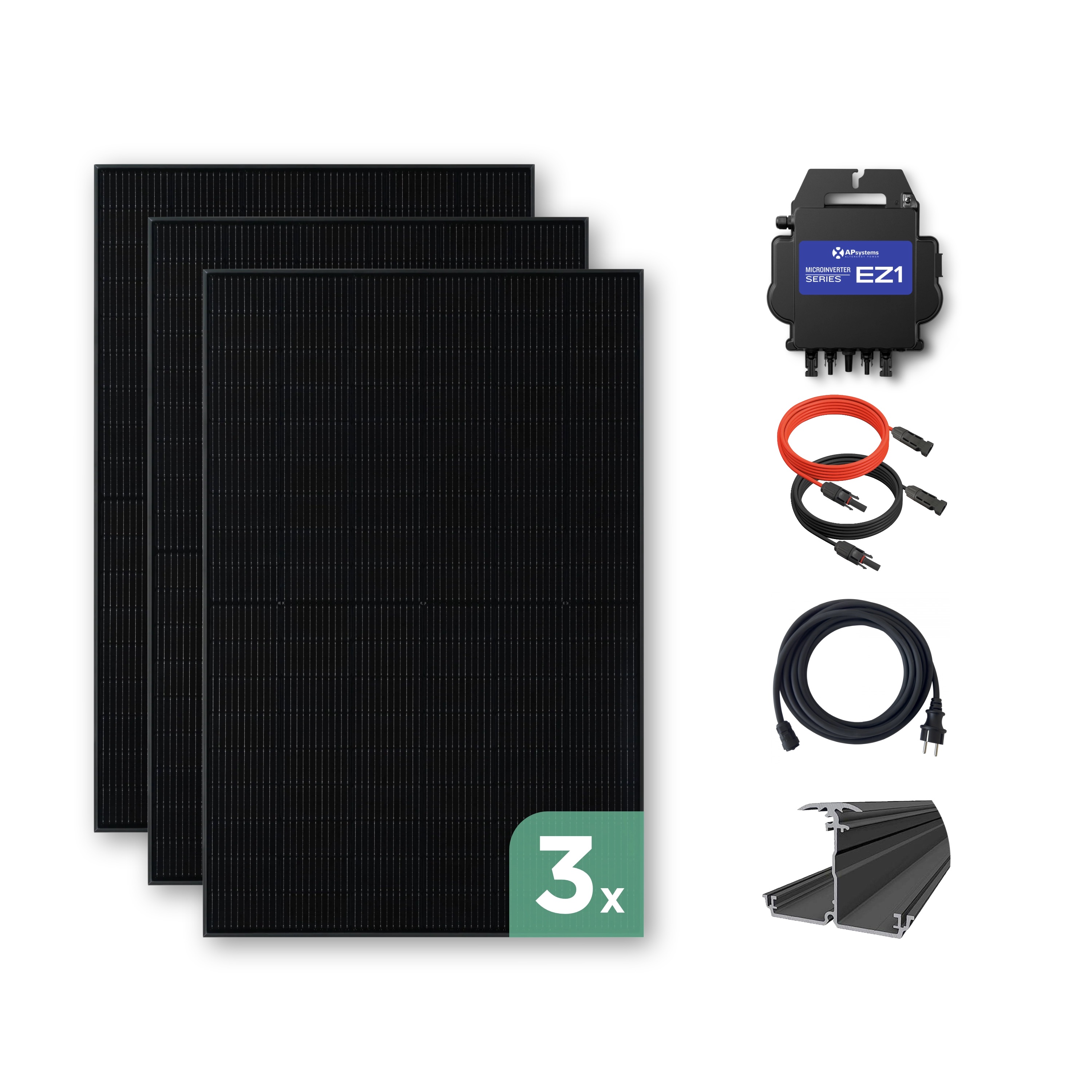 Balkonkraftwerk Trapezblech 1500 Wp — APsystems EZ1-M 800 W / Trina Solar / 500 Wp (Glas-Glas) / Premium Halterung / eine Reihe quer / 3 Module / 15 m