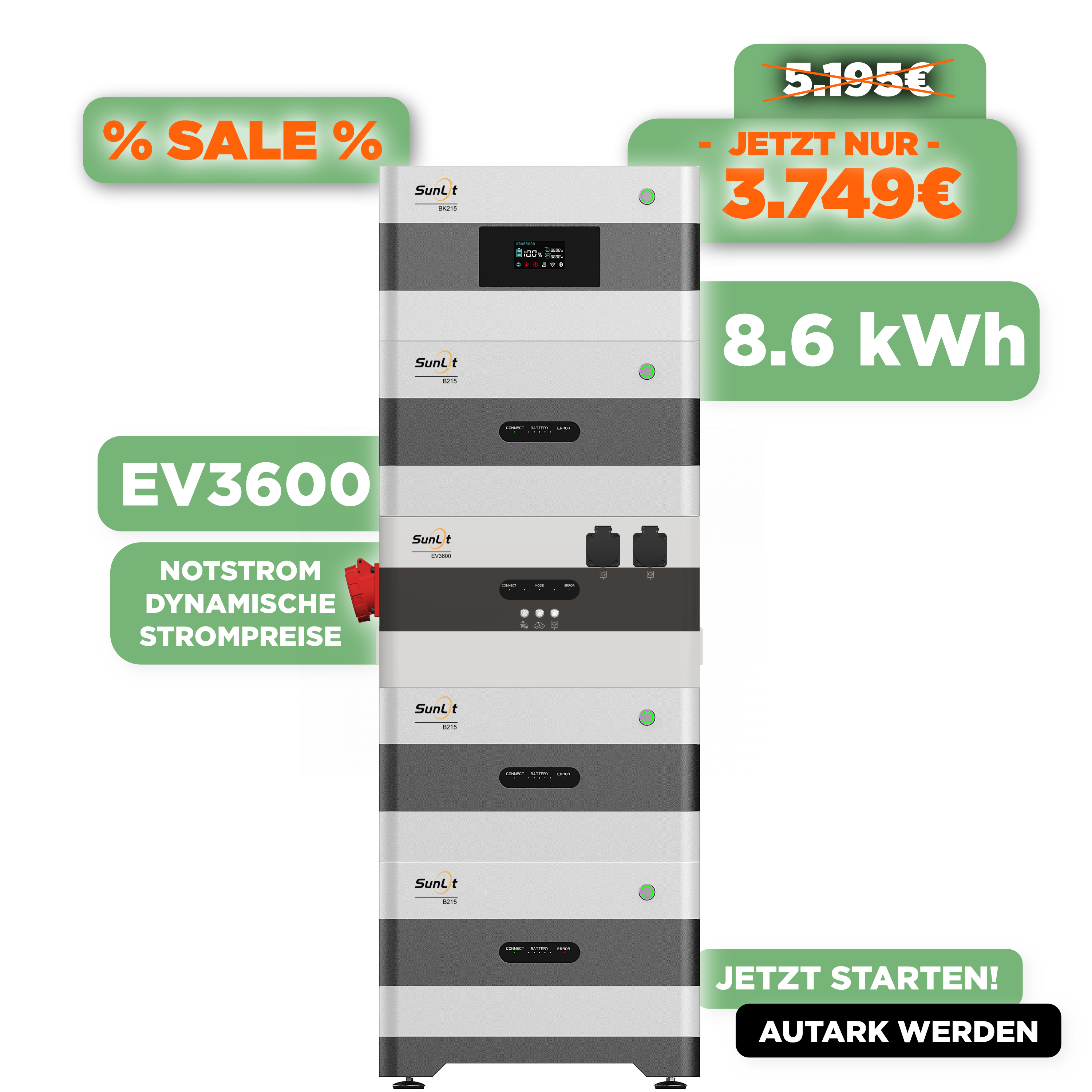 SunLit Solar 2 Way Speicherturm Komplett Set — SunLit Speicher 8,6 kWh + EV3600 Wechselrichter für Notstrom, Wallbox und dynamische Stromtarife SunLit Solar 2 Way Speicherturm Komplett Set — SunLit Speicher 8,6 kWh + EV3600 Wechselrichter für Notstrom, Wallbox und dynamische Stromtarife
