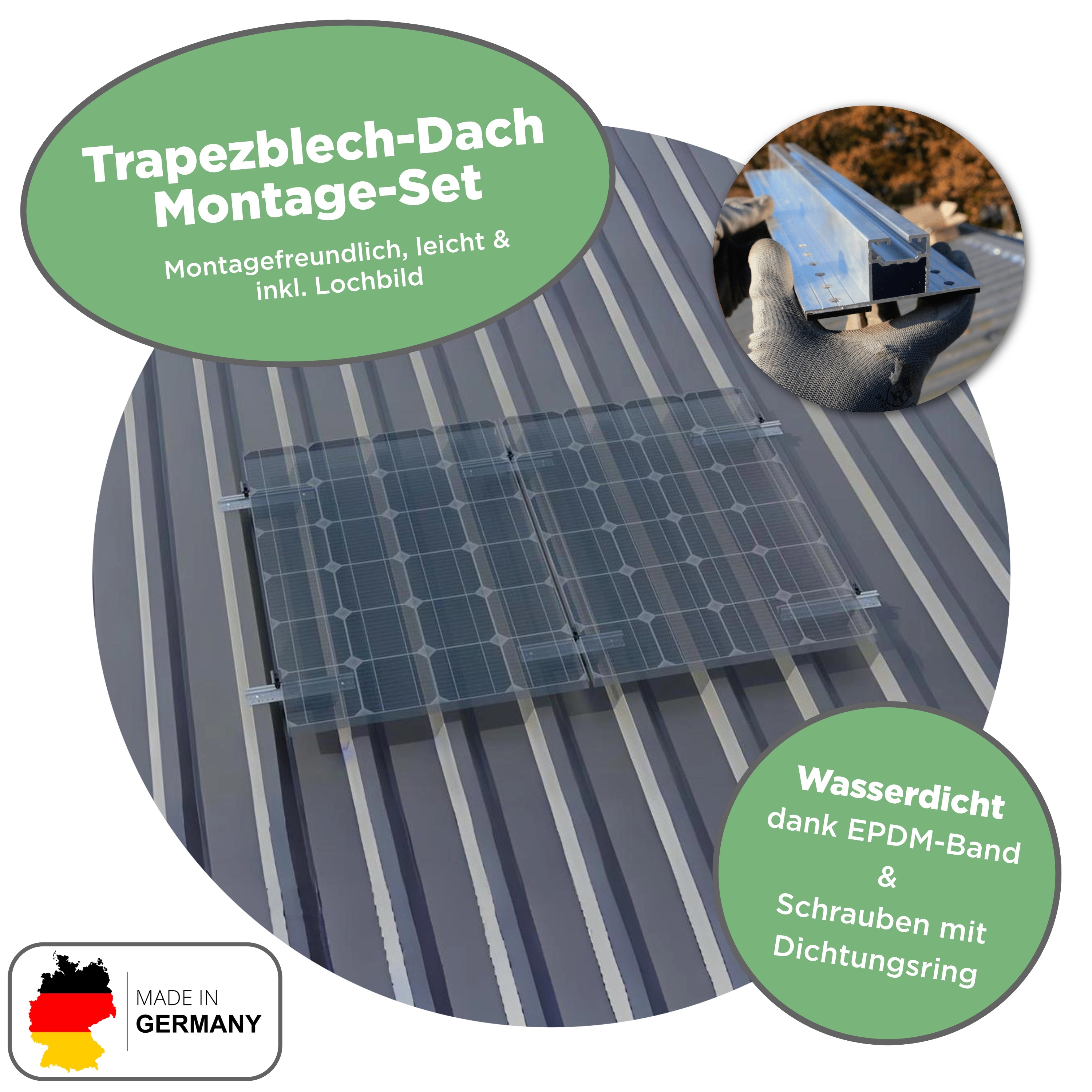 Balkonkraftwerk Trapezblech 430 Wp — APsystems EZ1-M 800 W / Trina Solar / 430 Wp ( Glas-Glas + Bifazial) / Standard Halterung / eine Reihe hochkant / 1 Modul Balkonkraftwerk Trapezblech 1760 Wp — APsystems EZ1-M 800 W / Trina Solar / 440 Wp (Glas-Glas + Bifazial) / Standard Halterung / zwei Reihen quer / 4 Module / 20 m