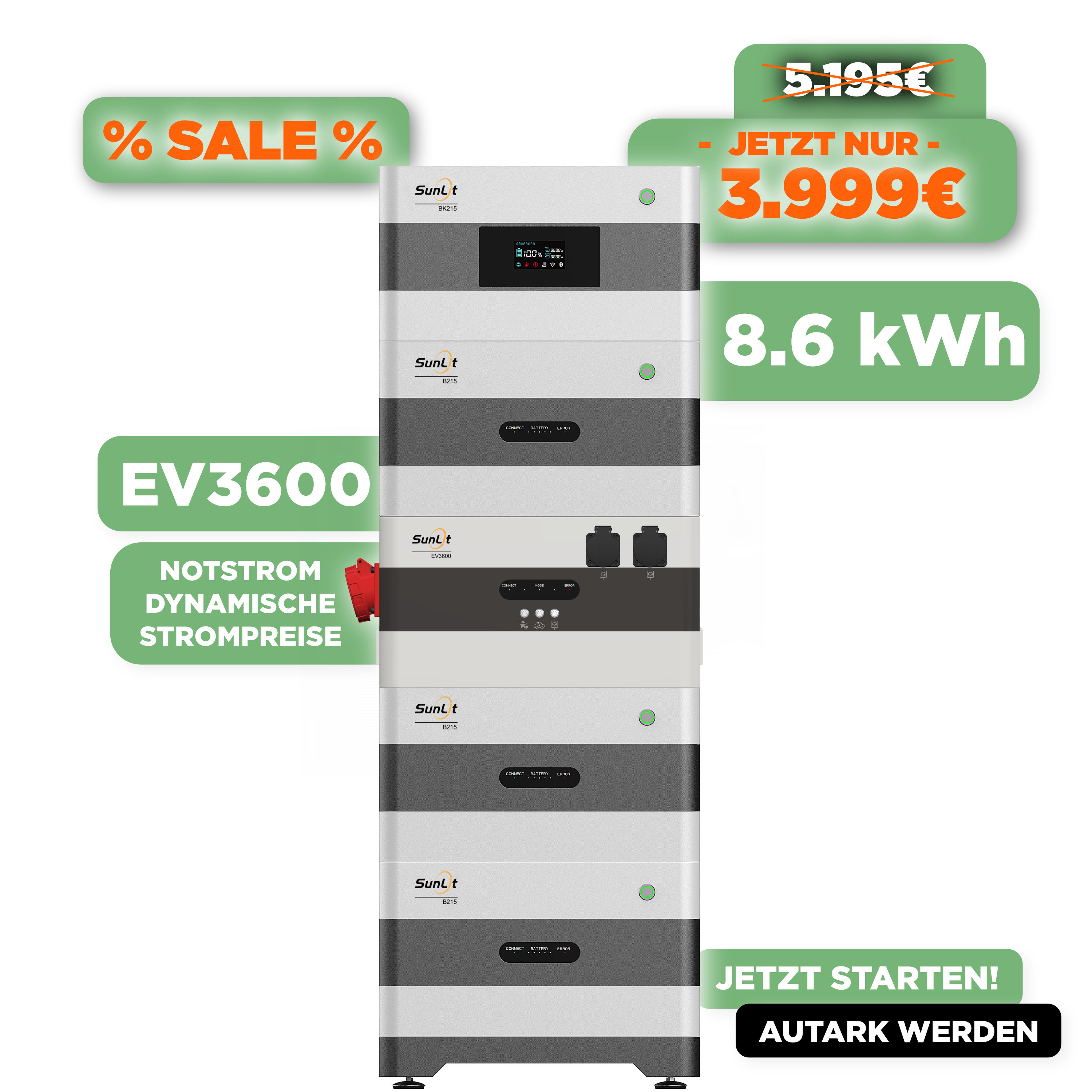 SunLit Solar 2 Way Speicherturm Komplett Set — SunLit Speicher 8,6 kWh + EV3600 Wechselrichter für Notstrom, Wallbox und dynamische Stromtarife