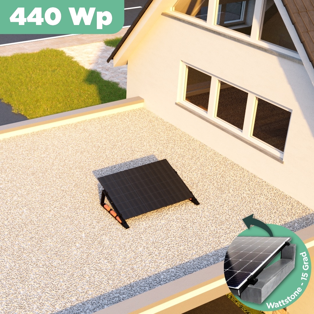 Balkonkraftwerk Flachdach 440 Wp — APsystems EZ1-M 800 W / Trina Solar / 440 Wp (Glas-Glas + Bifazial) / Premium - Wattstone Black 15°  / eine Reihe quer / 1 Modul Balkonkraftwerk Flachdach 440 Wp — APsystems EZ1-M 800 W / Trina Solar / 440 Wp (Glas-Glas + Bifazial) / Premium - Wattstone Black 15°  / eine Reihe quer / 1 Modul / 20 m
