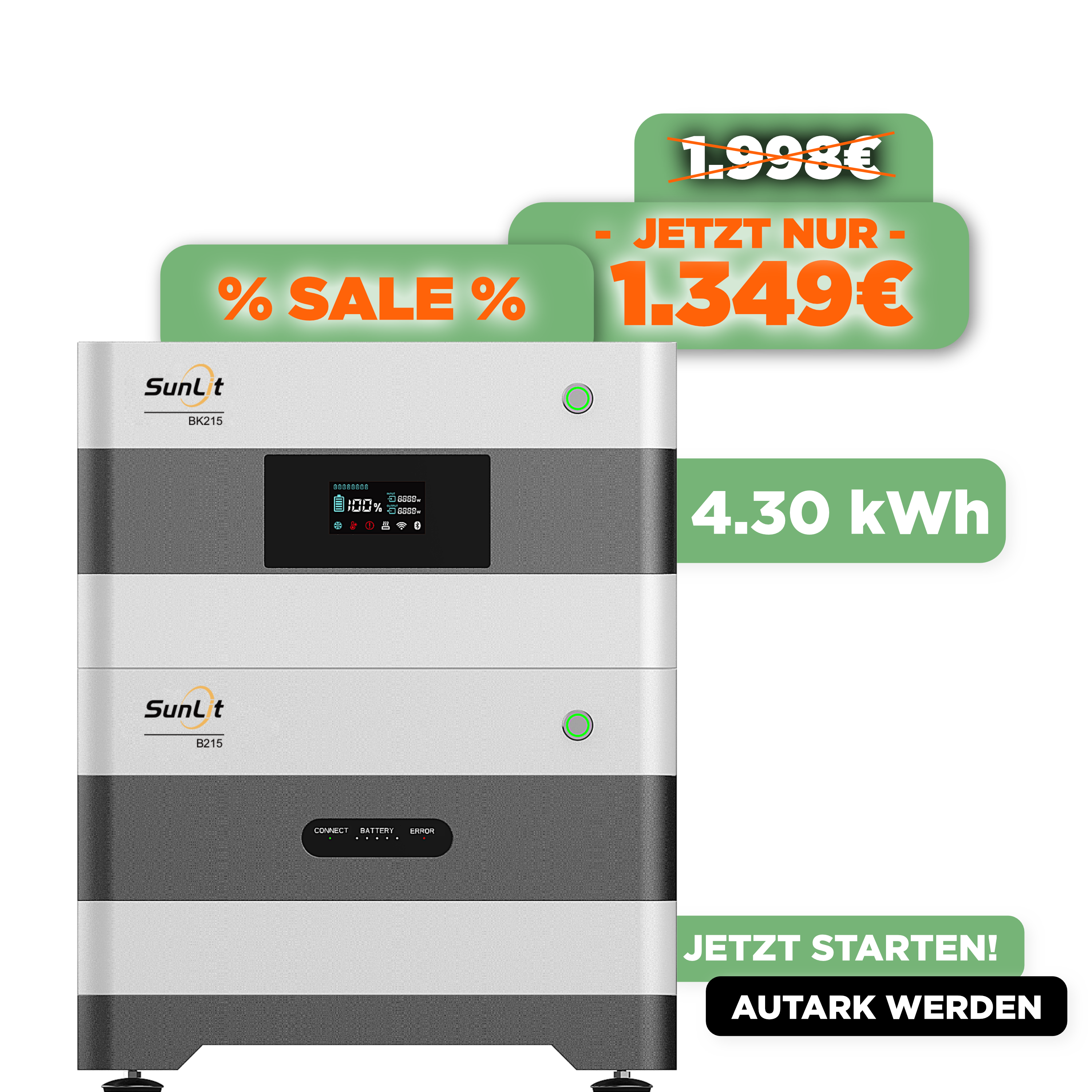 SunLit DUO Sommeraktion SPEZIALPREIS — SunLit Speicher 4.300 Wh (1 x BK215 + 1 x B215) SunLit DUO Sommeraktion SPEZIALPREIS — SunLit Speicher 4.300 Wh (1 x BK215 + 1 x B215)