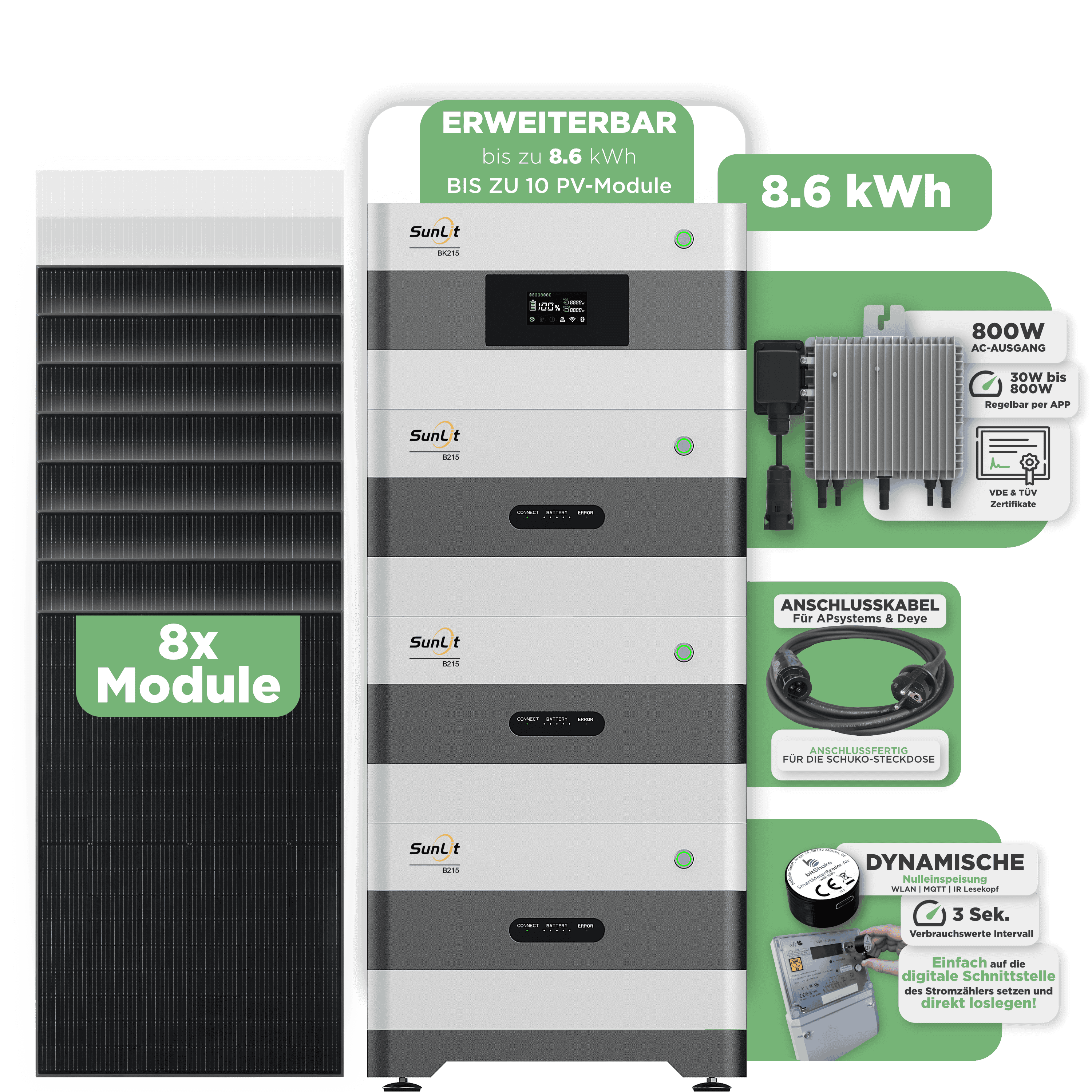 Sunlit Balkonkraftwerkspeicher — 8.600 Wh / mit IR Lesekopf (bitshake) / 800 W (Deye-SUN-M) / 20 m Schuko Kabel / 8 x Trina 440 Wp Bifazial