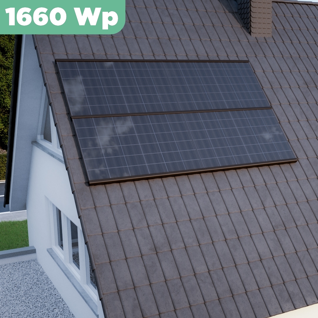 Balkonkraftwerk Ziegeldach 1660 Wp — APsystems EZ1-M 800 WTrina Solar / 415 Wp (Full Black, Glas-Folie) / Premium Halterung / zwei Reihen quer / 4 Module / 20 m