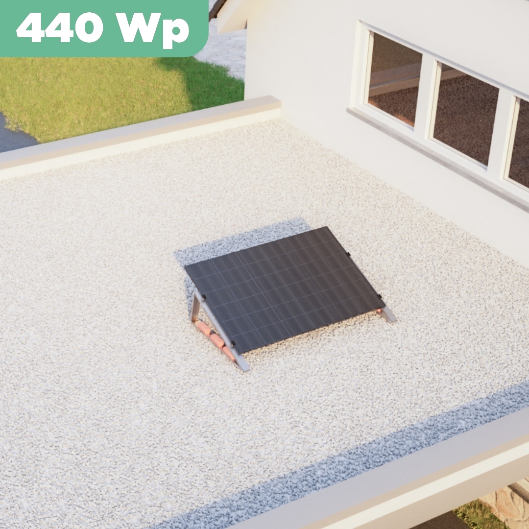 Balkonkraftwerk Flachdach 440 Wp — APsystems EZ1-M 800 W / Trina Solar / 440 Wp (Glas-Glas + Bifazial) / Standard / eine Reihe quer / 1 Modul Balkonkraftwerk Flachdach 440 Wp — APsystems EZ1-M 800 W / Trina Solar / 440 Wp (Glas-Glas + Bifazial) / Standard / eine Reihe quer / 1 Modul / 20 m