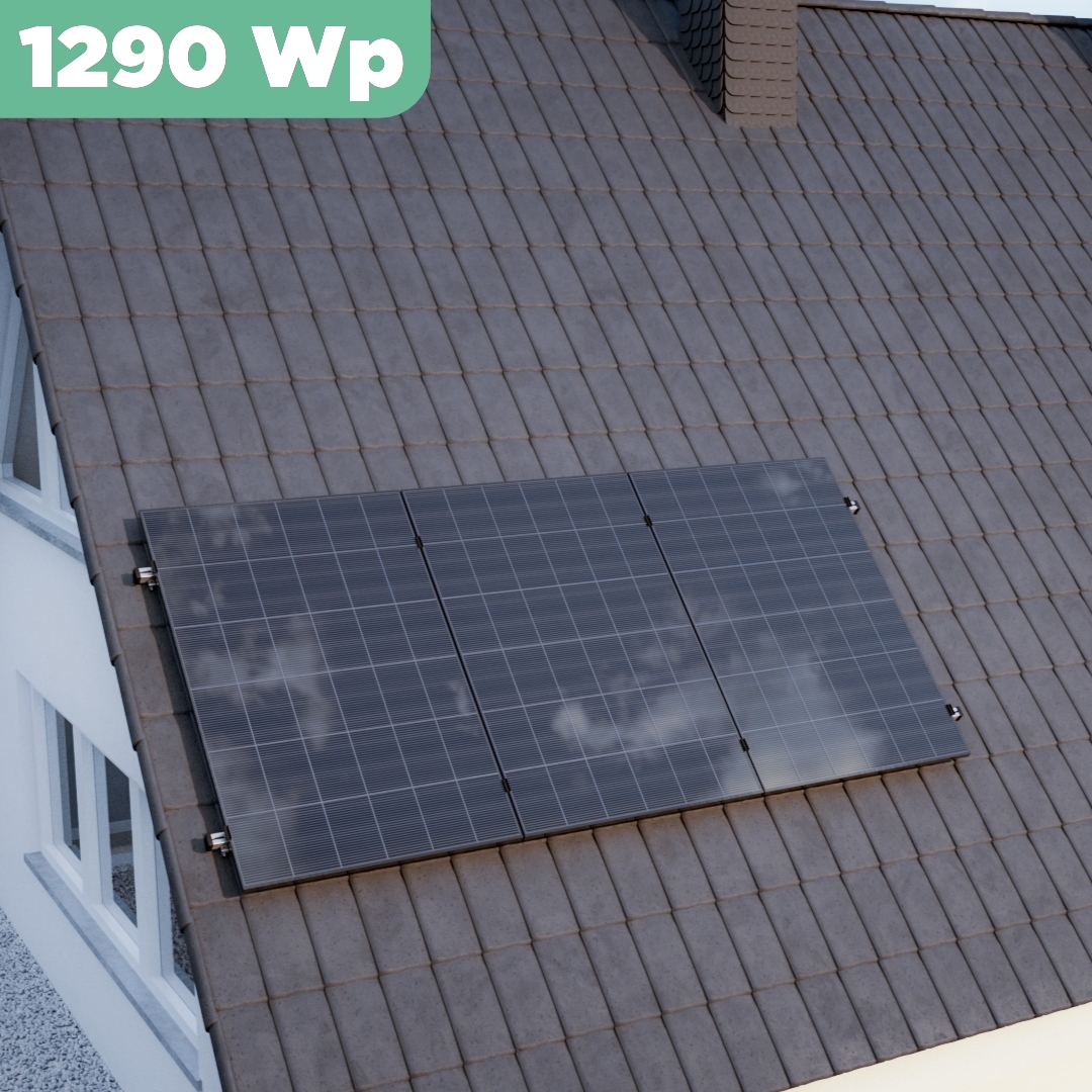Balkonkraftwerk Ziegeldach 1290 Wp — APsystems EZ1-M 800 WTrina Solar / 430 Wp (Glas-Glas + Bifazial) / Klassik Halterung / eine Reihe hochkant / 3 Module / 5 m