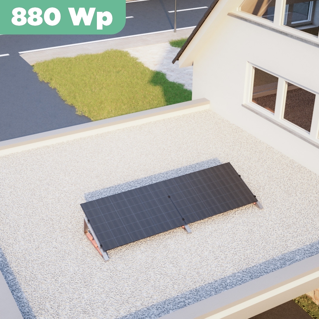 Balkonkraftwerk Flachdach 880 Wp — APsystems EZ1-M 800 W / Trina Solar / 440 Wp (Glas-Glas + Bifazial) / Standard / eine Reihe quer / 2 Module Balkonkraftwerk Flachdach 880 Wp — APsystems EZ1-M 800 W / Trina Solar / 440 Wp (Glas-Glas + Bifazial) / Standard / eine Reihe quer / 2 Module / 20 m