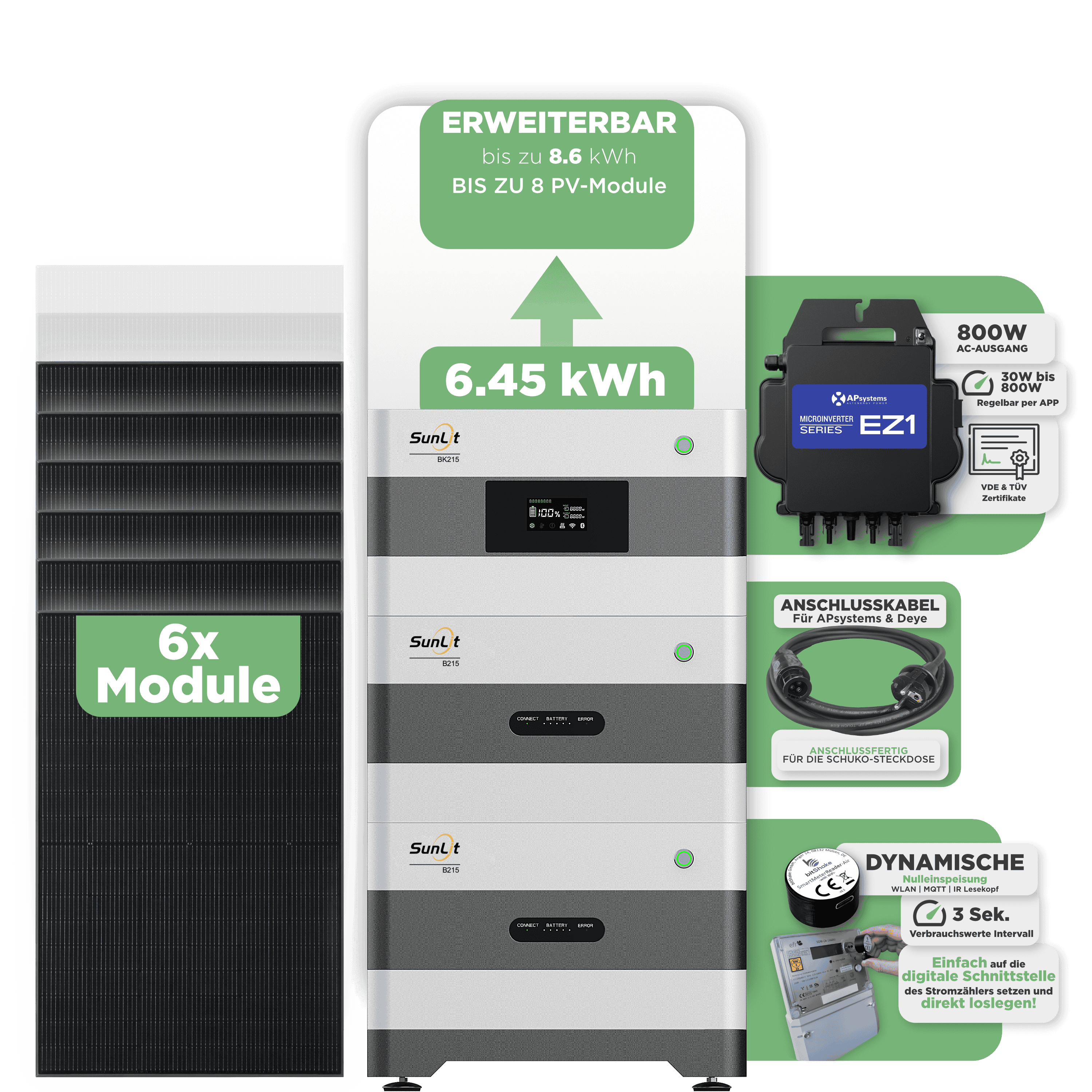 Sunlit Balkonkraftwerkspeicher — 6.450 Wh / mit IR Lesekopf (bitshake) / 800 W (Apsystems EZ1-M) / 5 m Schuko Kabel / 6 x Trina 440 Wp Bifazial Sunlit Balkonkraftwerkspeicher — 6.450 Wh / mit IR Lesekopf (bitshake) / 800 W (Apsystems EZ1-M) / 20 m Schuko Kabel / 6 x Trina 440 Wp Bifazial
