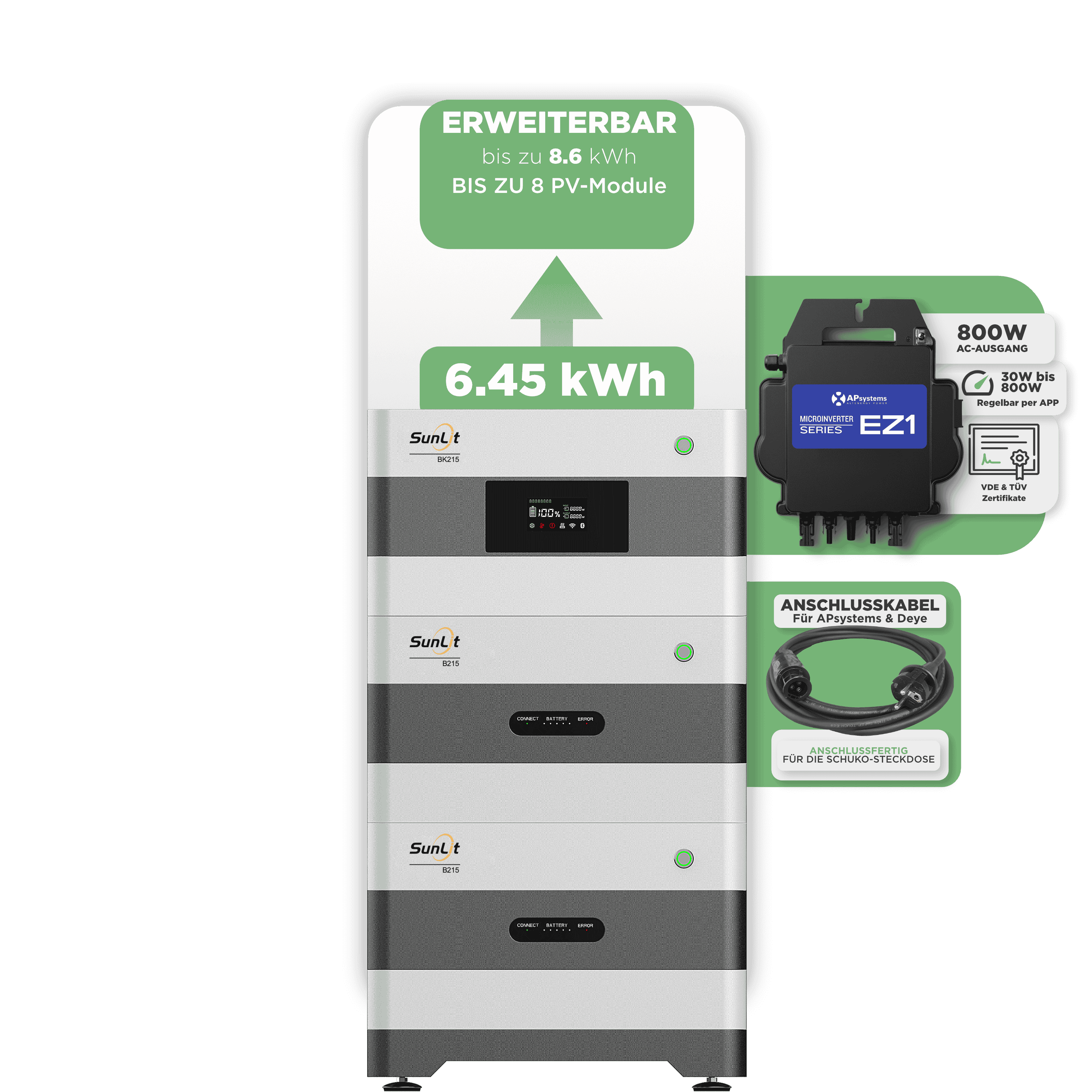 Sunlit Balkonkraftwerkspeicher — 6.450 Wh / 800 W (Apsystems EZ1-M) / 20 m Schuko Kabel