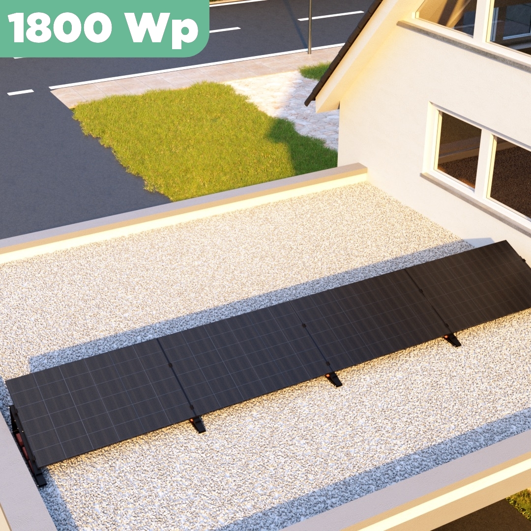 Balkonkraftwerk Flachdach 1800 Wp — APsystems EZ1-M 800 W / Trina Solar / 450 Wp (Glas-Glas) / Black Line / eine Reihe quer / 4 Module / 15 m