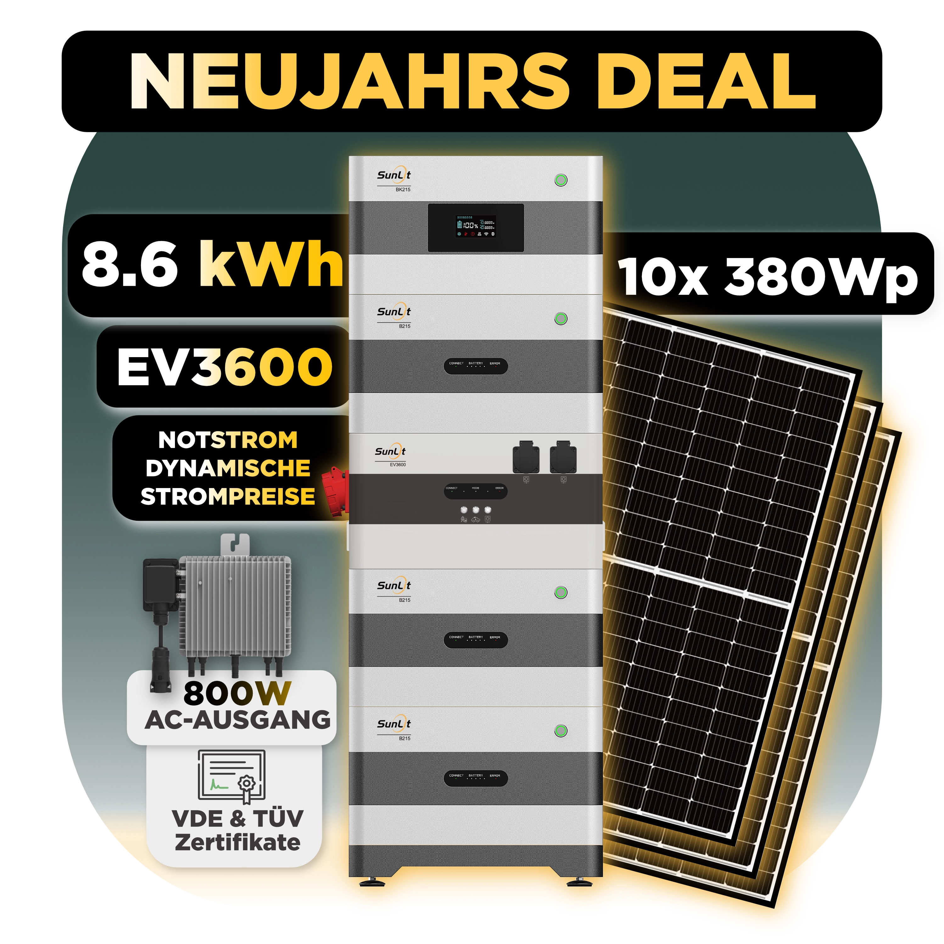Sunlit Solar 2 Way Speicherturm Komplett Set — SunLit Speicher 8,6 kWh + EV3600 Wechselrichter für Notstrom, Wallbox und dynamische Stromtarife