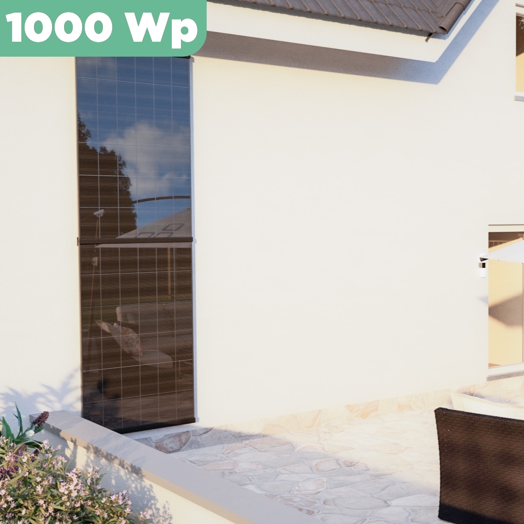 Balkonkraftwerk Wand 1000 Wp — APsystems EZ1-M 800 WTrina Solar / 500 Wp (Glas-Glas) / zwei Reihen hochkant / 2 Module / 20 m