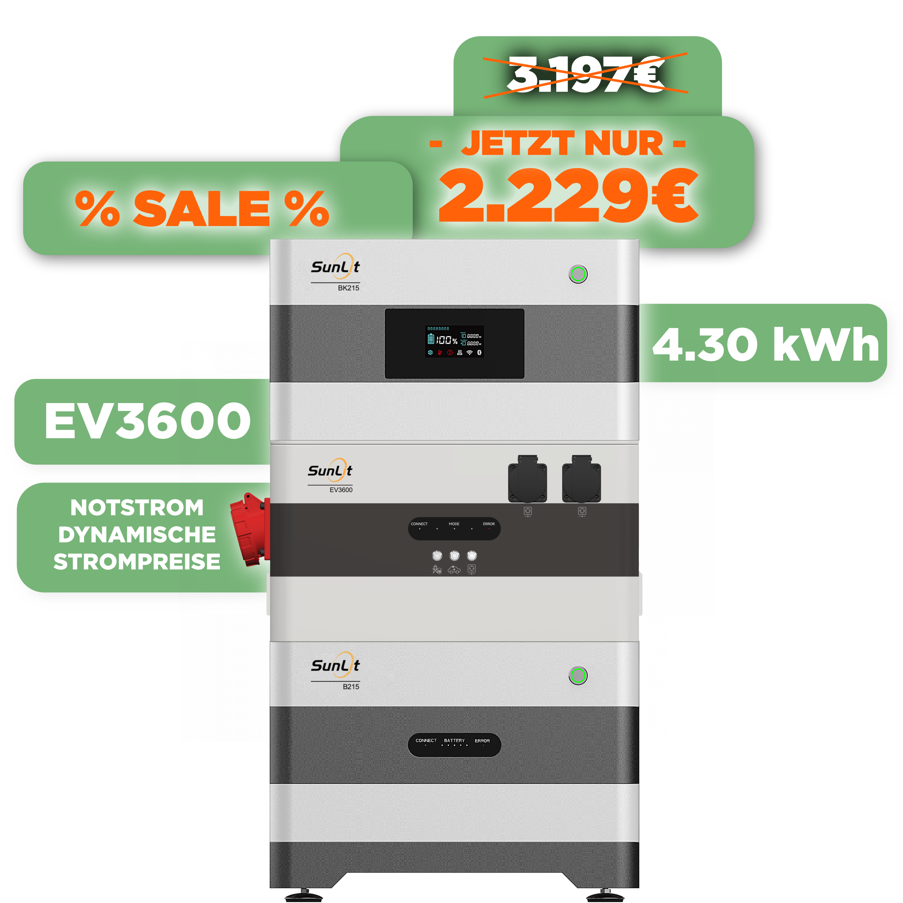 SunLit Solar 2 Way Speicherturm Starter Set — SunLit Speicher 4,3 kWh + EV3600 Wechselrichter für Notstrom, Wallbox und dynamische Stromtarife SunLit Solar 2 Way Speicherturm Starter Set — SunLit Speicher 4,3 kWh + EV3600 Wechselrichter für Notstrom, Wallbox und dynamische Stromtarife