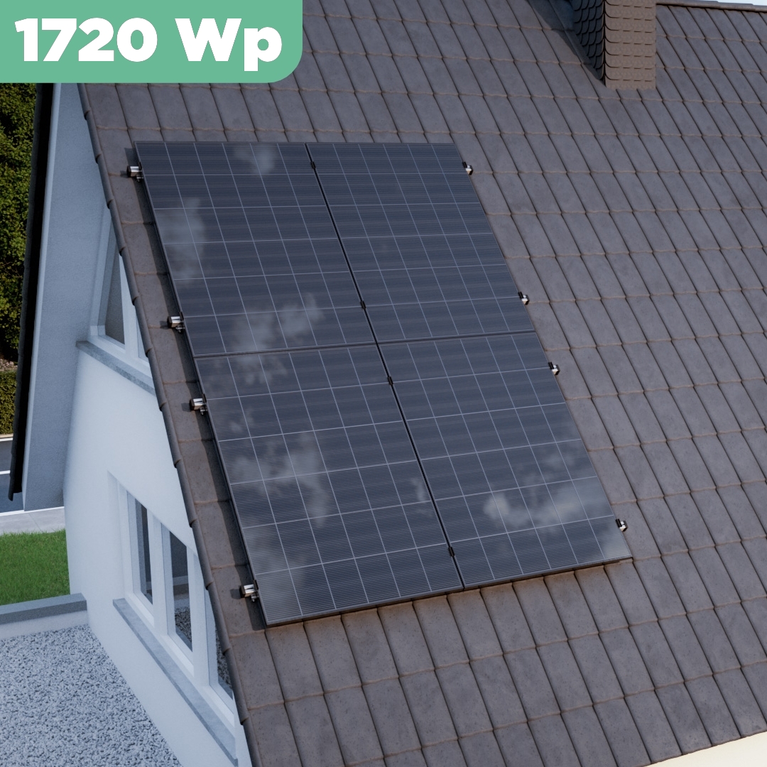 Balkonkraftwerk Ziegeldach 1720 Wp — APsystems EZ1-M 800 WTrina Solar / 430 Wp (Glas-Glas + Bifazial) / Klassik Halterung / zwei Reihen hochkant / 4 Module / 10 m