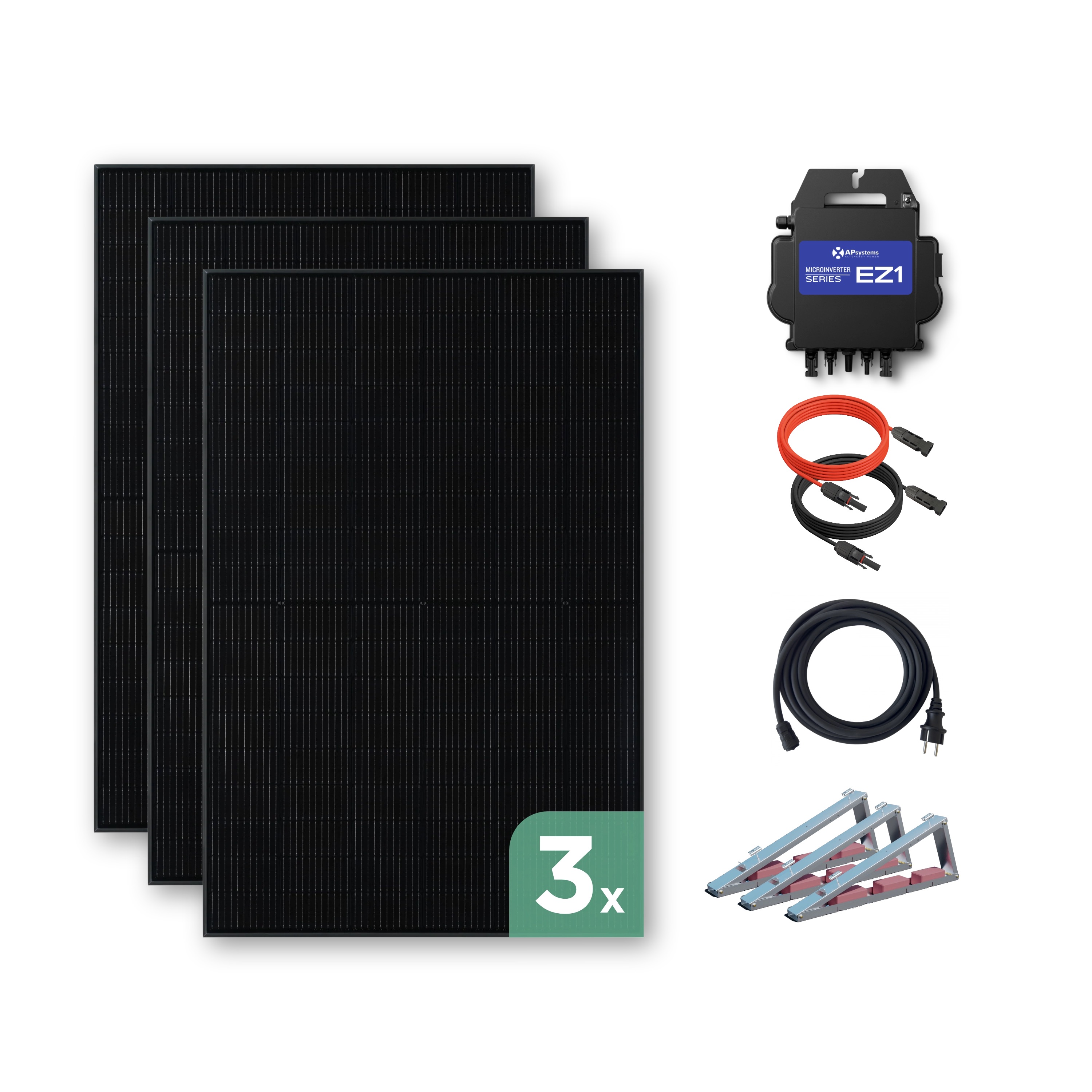 Balkonkraftwerk Flachdach 1500 Wp — APsystems EZ1-M 800 W / Trina Solar / 500 Wp (Glas-Glas Full Black) / Standard / eine Reihe quer / 3 Module Balkonkraftwerk Flachdach 1500 Wp — APsystems EZ1-M 800 W / Trina Solar / 500 Wp (Glas-Glas Full Black) / Standard / eine Reihe quer / 3 Module / 20 m
