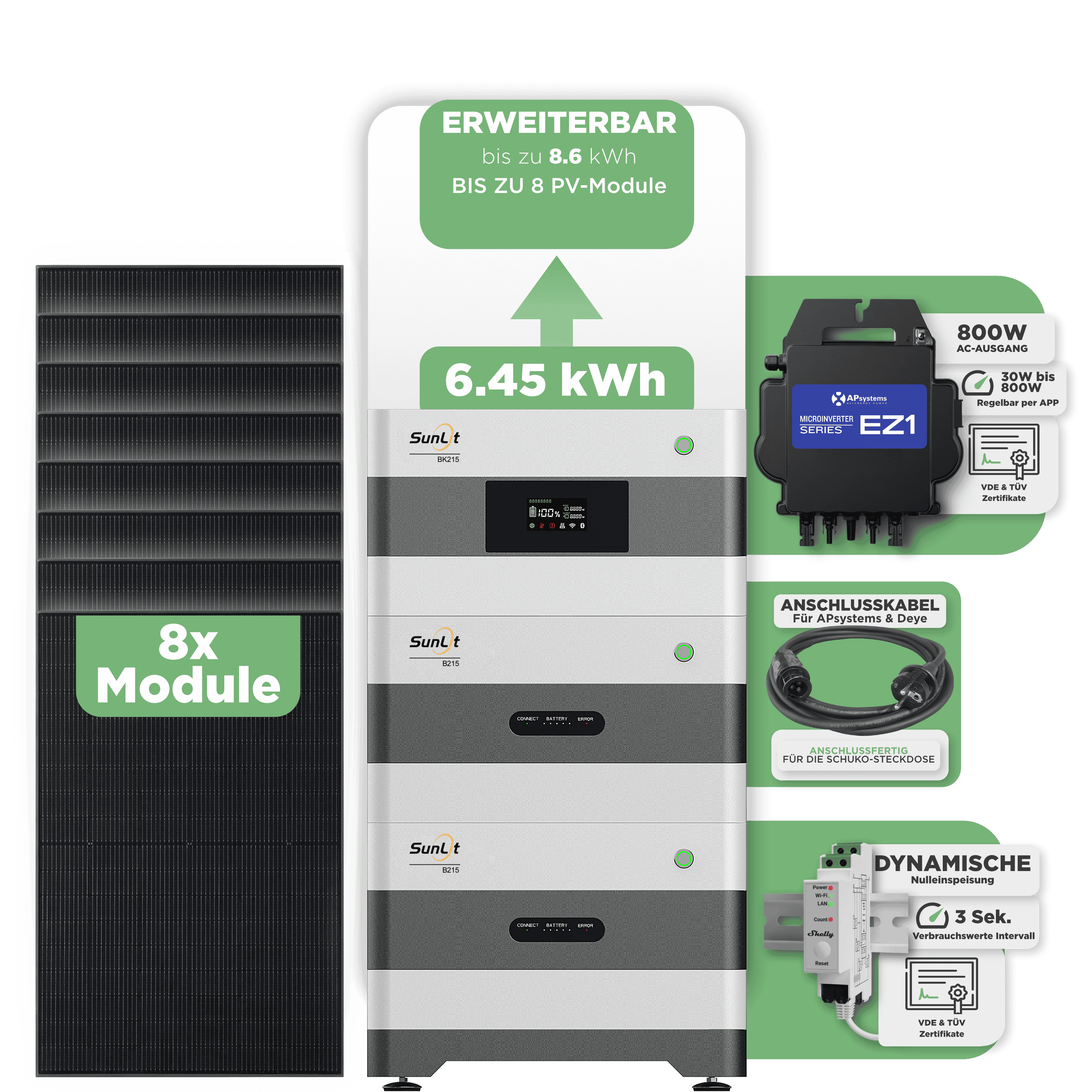 Sunlit Balkonkraftwerkspeicher — 6.450 Wh / mit Shelly 3EM Pro / 800 W (Apsystems EZ1-M) / 5 m Schuko Kabel / 8 x Trina 440 Wp Bifazial Sunlit Balkonkraftwerkspeicher — 6.450 Wh / mit Shelly 3EM Pro / 800 W (Apsystems EZ1-M) / 20 m Schuko Kabel / 8 x Trina 440 Wp Bifazial
