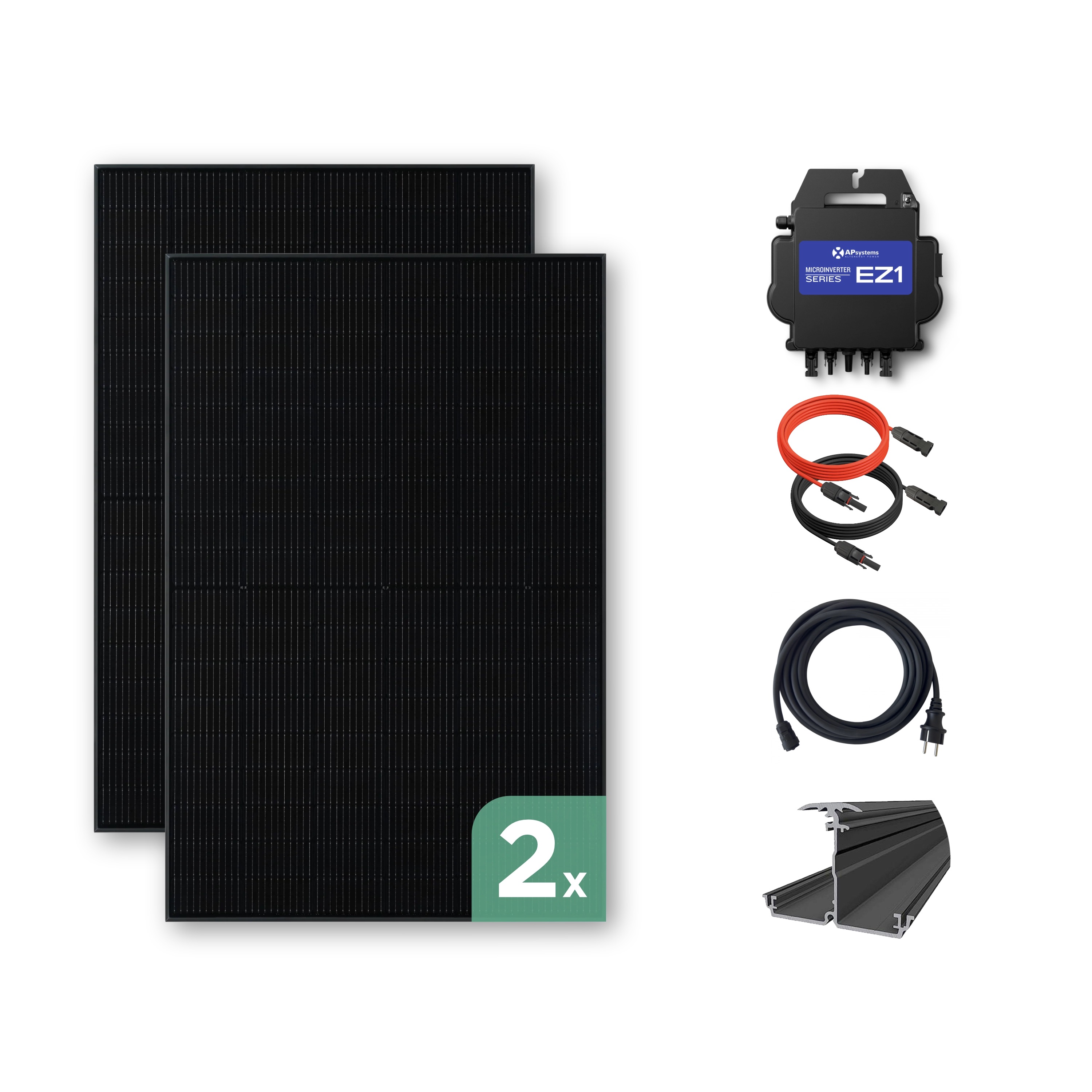 Balkonkraftwerk Trapezblech 1000 Wp — APsystems EZ1-M 800 W / Trina Solar / 500 Wp (Glas-Glas) / Premium Halterung / eine Reihe hochkant / 2 Module