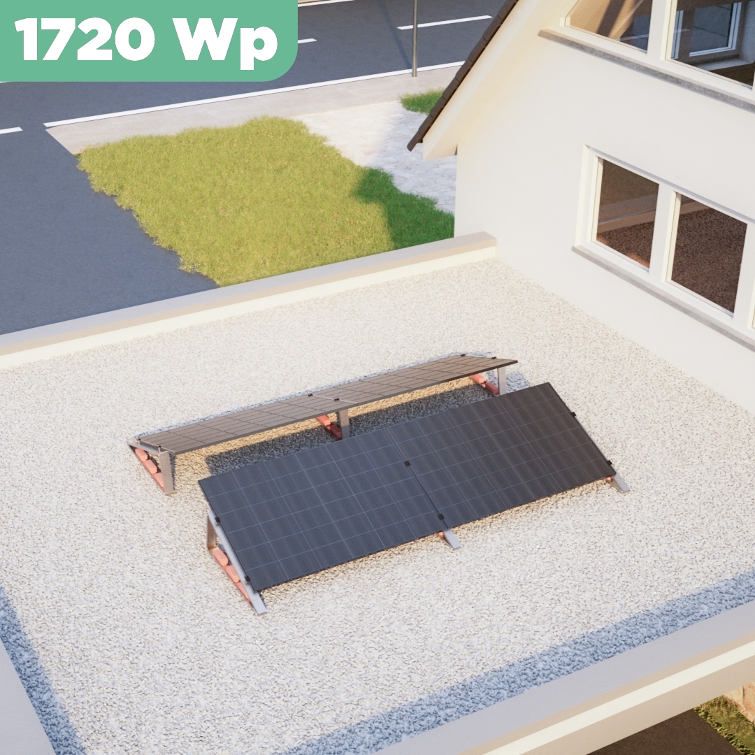 Balkonkraftwerk Flachdach 1720 Wp — APsystems EZ1-M 800 W / Trina Solar / 430 Wp (Glas-Glas + Bifazial) / Standard / zwei Reihen quer / 4 Module / 15 m