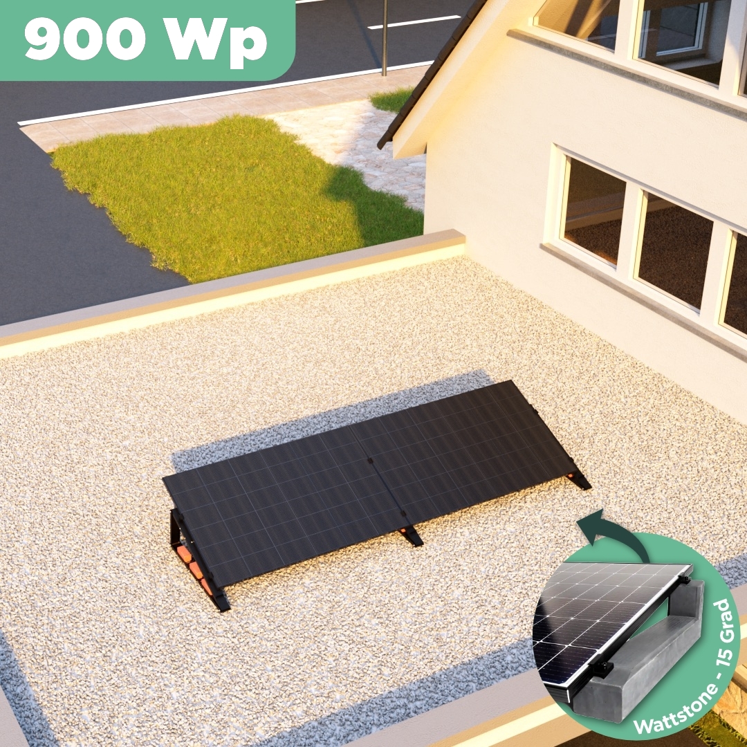 Balkonkraftwerk Flachdach 900 Wp — APsystems EZ1-M 800 W / Trina Solar / 450 Wp (Glas-Glas Full Black) / Premium - Wattstone Black 15°  / eine Reihe quer / 2 Module Balkonkraftwerk Flachdach 900 Wp — APsystems EZ1-M 800 W / Trina Solar / 450 Wp (Glas-Glas Full Black) / Premium - Wattstone Black 15°  / eine Reihe quer / 2 Module / 20 m