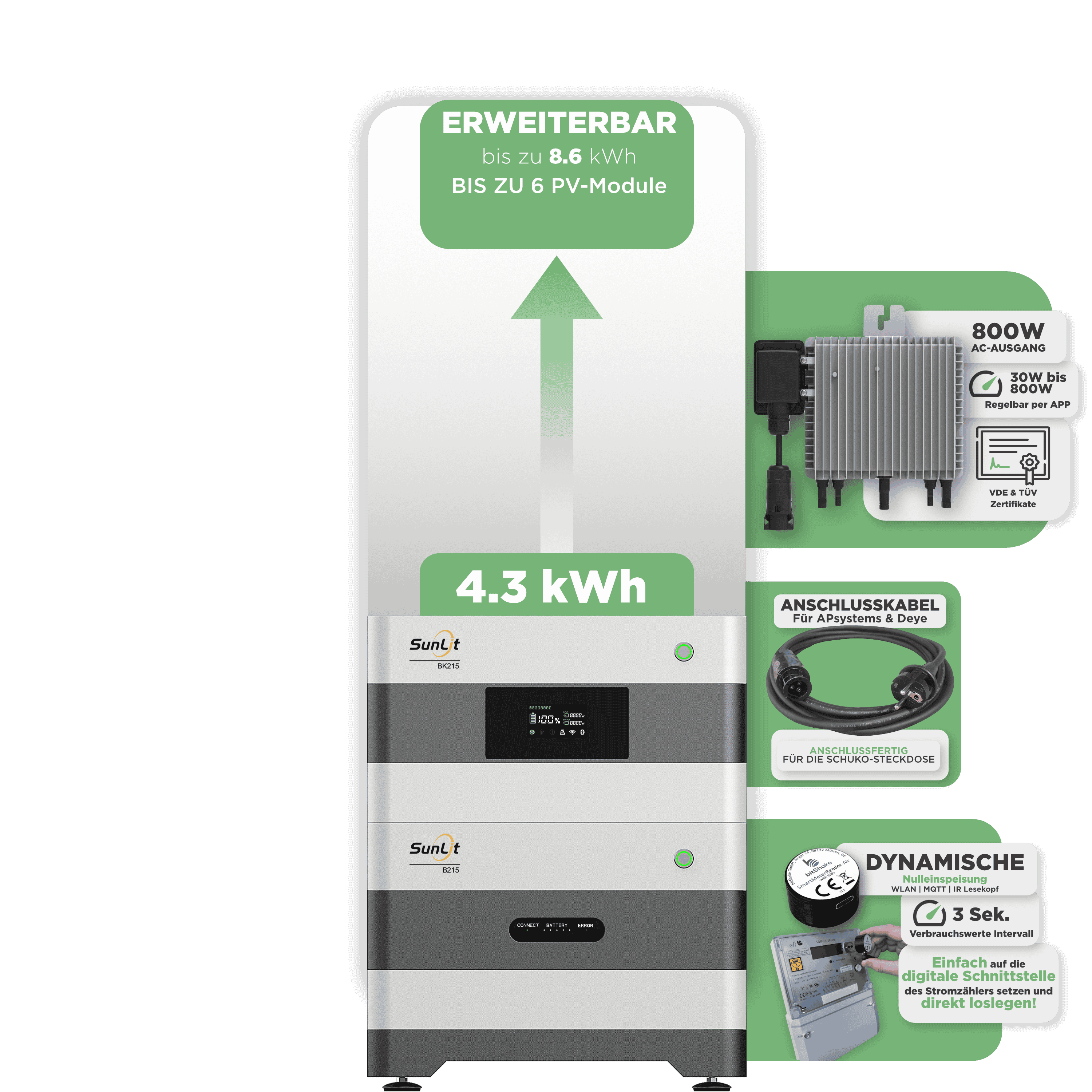 Sunlit Balkonkraftwerkspeicher — 4.300 Wh / mit IR Lesekopf (bitshake) / 800 W (Deye-SUN-M) / 5 m Schuko Kabel Sunlit Balkonkraftwerkspeicher — 4.300 Wh / mit IR Lesekopf (bitshake) / 800 W (Deye-SUN-M) / 20 m Schuko Kabel