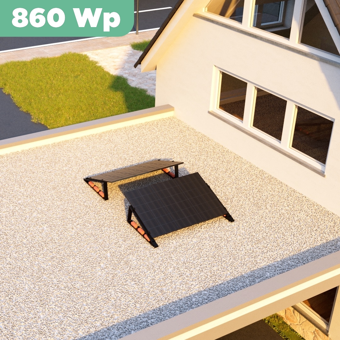 Balkonkraftwerk Flachdach 860 Wp — APsystems EZ1-M 800 W / Trina Solar / 430 Wp (Glas-Glas + Bifazial) / Black Line / zwei Reihen quer / 2 Module
