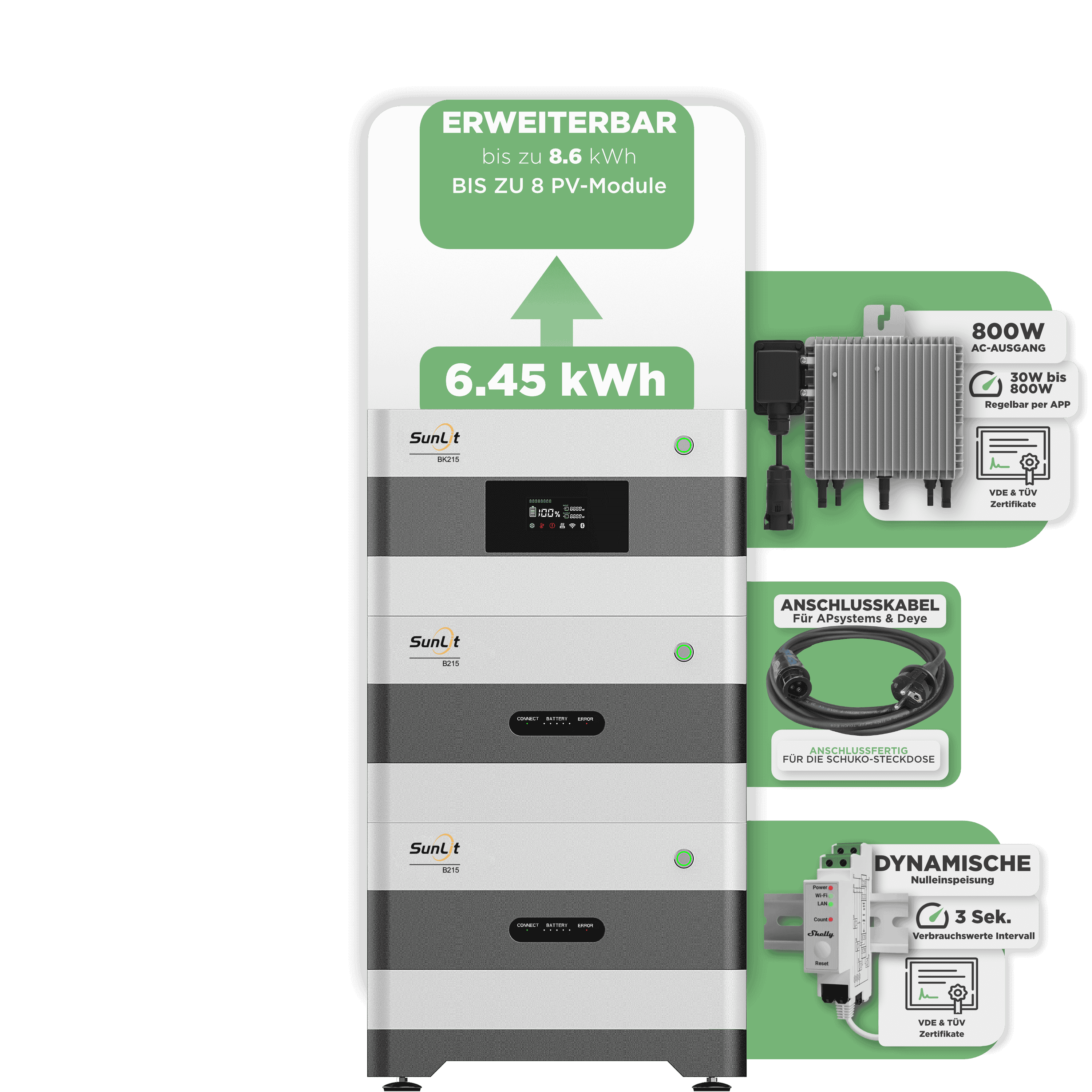 Sunlit Balkonkraftwerkspeicher — 6.450 Wh / mit Shelly 3EM Pro / 800 W (Deye-SUN-M) / 20 m Schuko Kabel