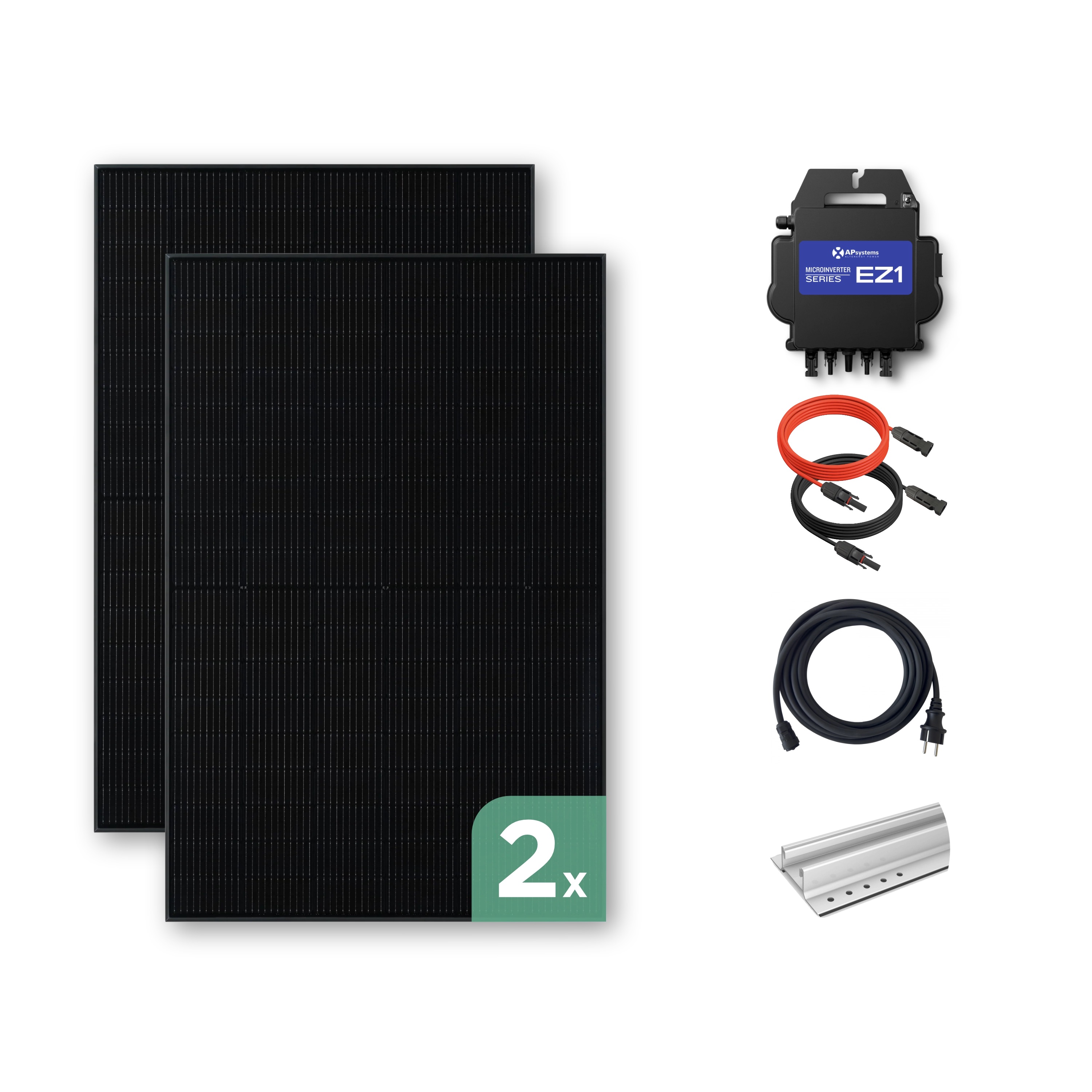 Balkonkraftwerk Trapezblech 860 Wp — APsystems EZ1-M 800 W / Trina Solar / 430 Wp ( Glas-Glas + Bifazial) / Standard Halterung / zwei Reihen hochkant / 2 Module / 10 m