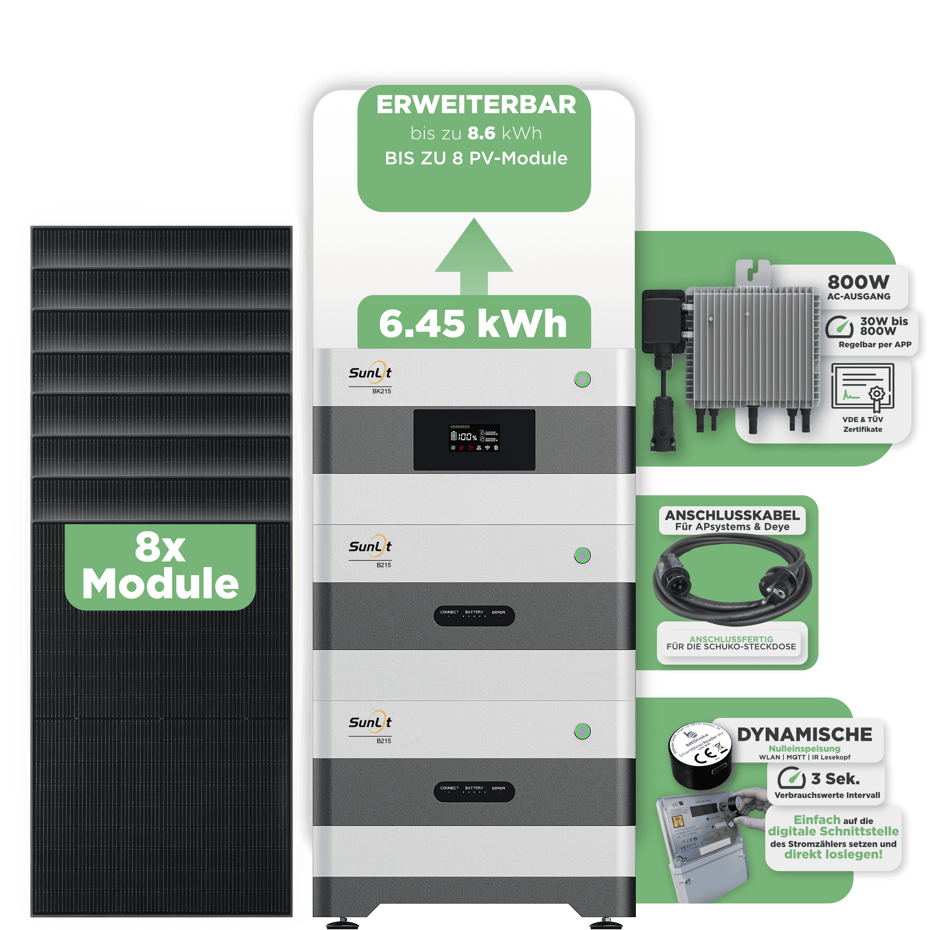 Sunlit Balkonkraftwerkspeicher — 6.450 Wh / mit IR Lesekopf (bitshake) / 800 W (Deye-SUN-M) / 20 m Schuko Kabel / 8 x Trina 440 Wp Bifazial