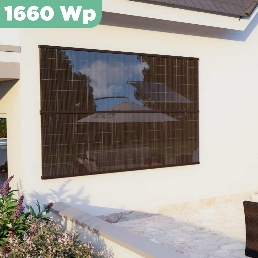 Balkonkraftwerk Wand 1660 Wp — APsystems EZ1-M 800 WTrina Solar / 415 Wp (Full Black, Glas-Folie) / zwei Reihen quer / 4 Module / 15 m