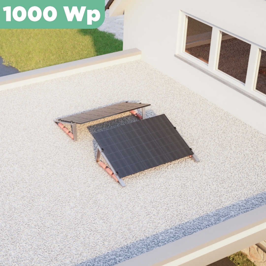 Balkonkraftwerk Flachdach 1000 Wp — APsystems EZ1-M 800 W / Trina Solar / 500 Wp (Glas-Glas) / Standard / zwei Reihen quer / 2 Module / 10 m