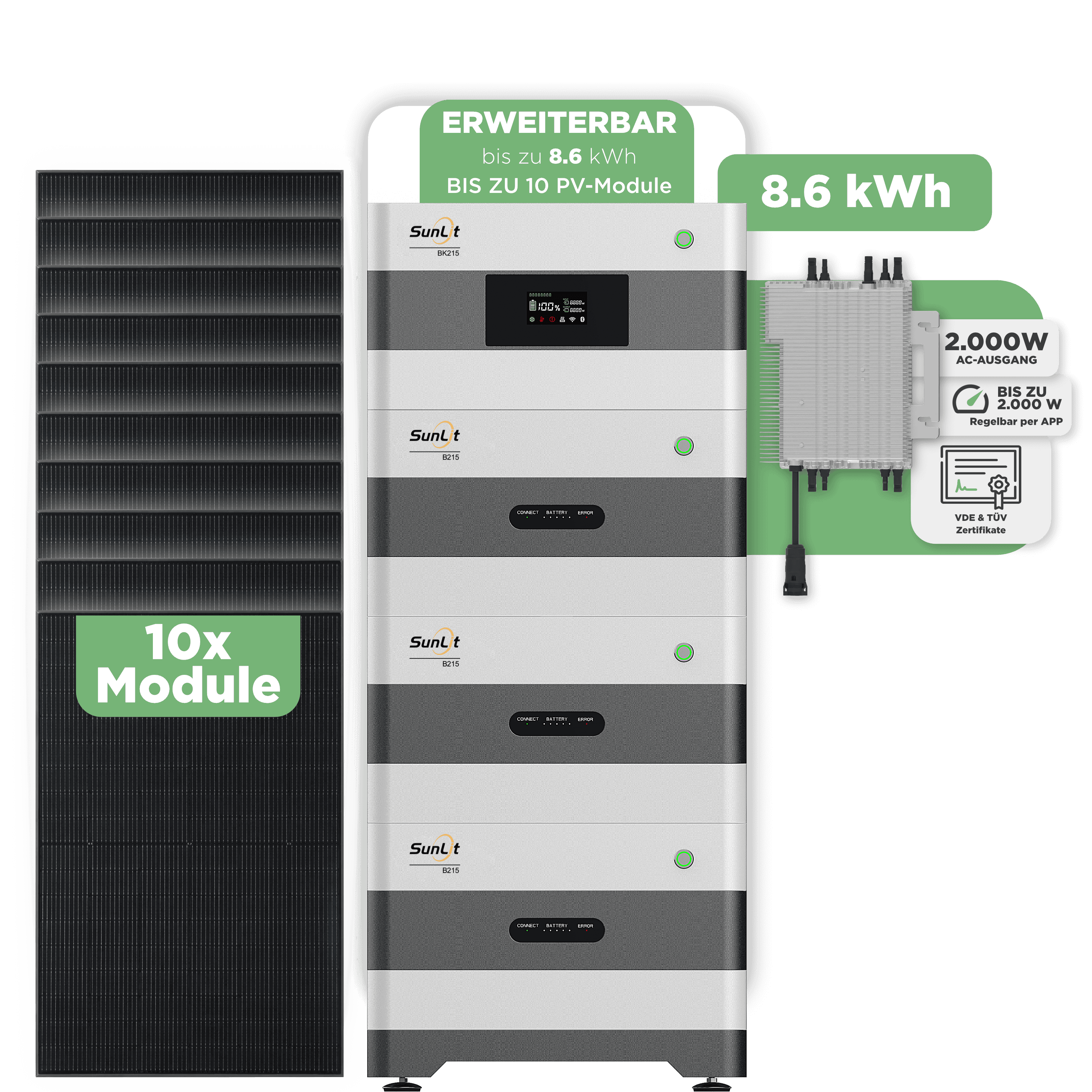 Sunlit Balkonkraftwerkspeicher — 8.600 Wh / 2000 W (Deye-SUN-M) / 10 x Trina 440 Wp Bifazial