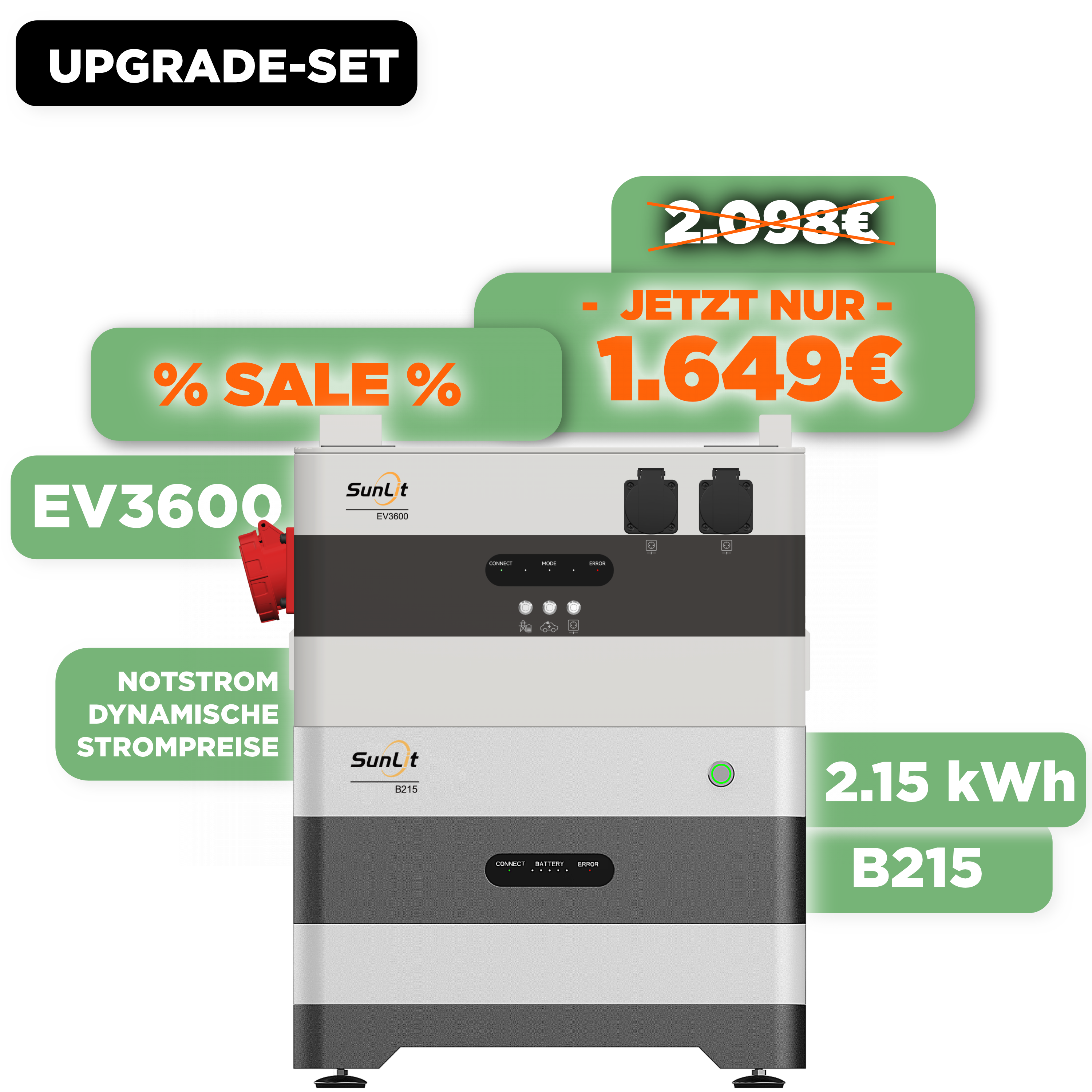 SunLit Solar EV3600 + B215 Upgrade-Set — SunLit Erweiterungsspeicher 2,15 kWh + EV3600 Wechselrichter für Notstrom, Wallbox und dynamische Stromtarife SunLit Solar EV3600 + B215 Upgrade-Set — SunLit Erweiterungsspeicher 2,15 kWh + EV3600 Wechselrichter für Notstrom, Wallbox und dynamische Stromtarife