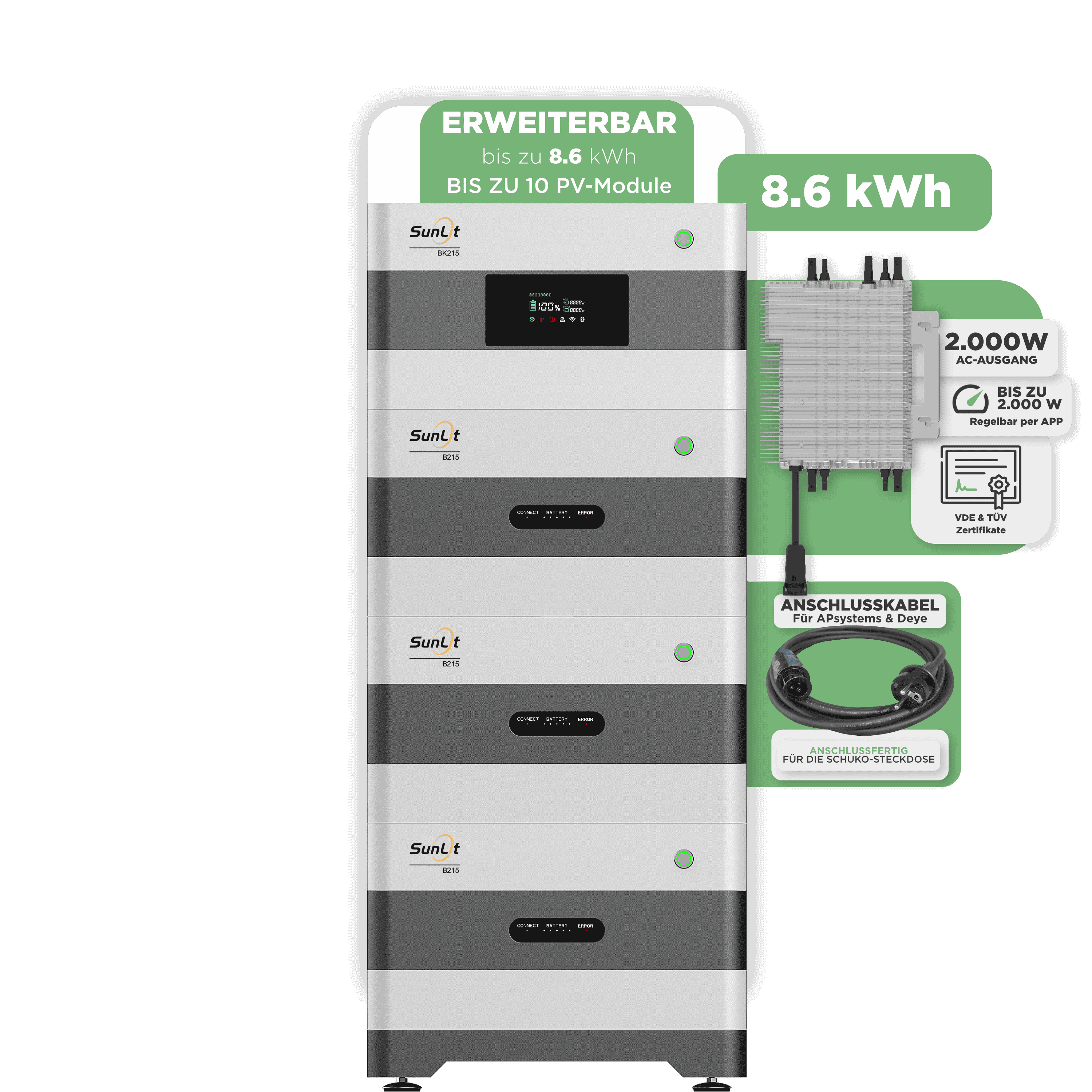 Sunlit Balkonkraftwerkspeicher — 8.600 Wh / 2000 W (Deye-SUN-M) / 5 m Schuko Kabel Sunlit Balkonkraftwerkspeicher — 8.600 Wh / 2000 W (Deye-SUN-M) / 20 m Schuko Kabel