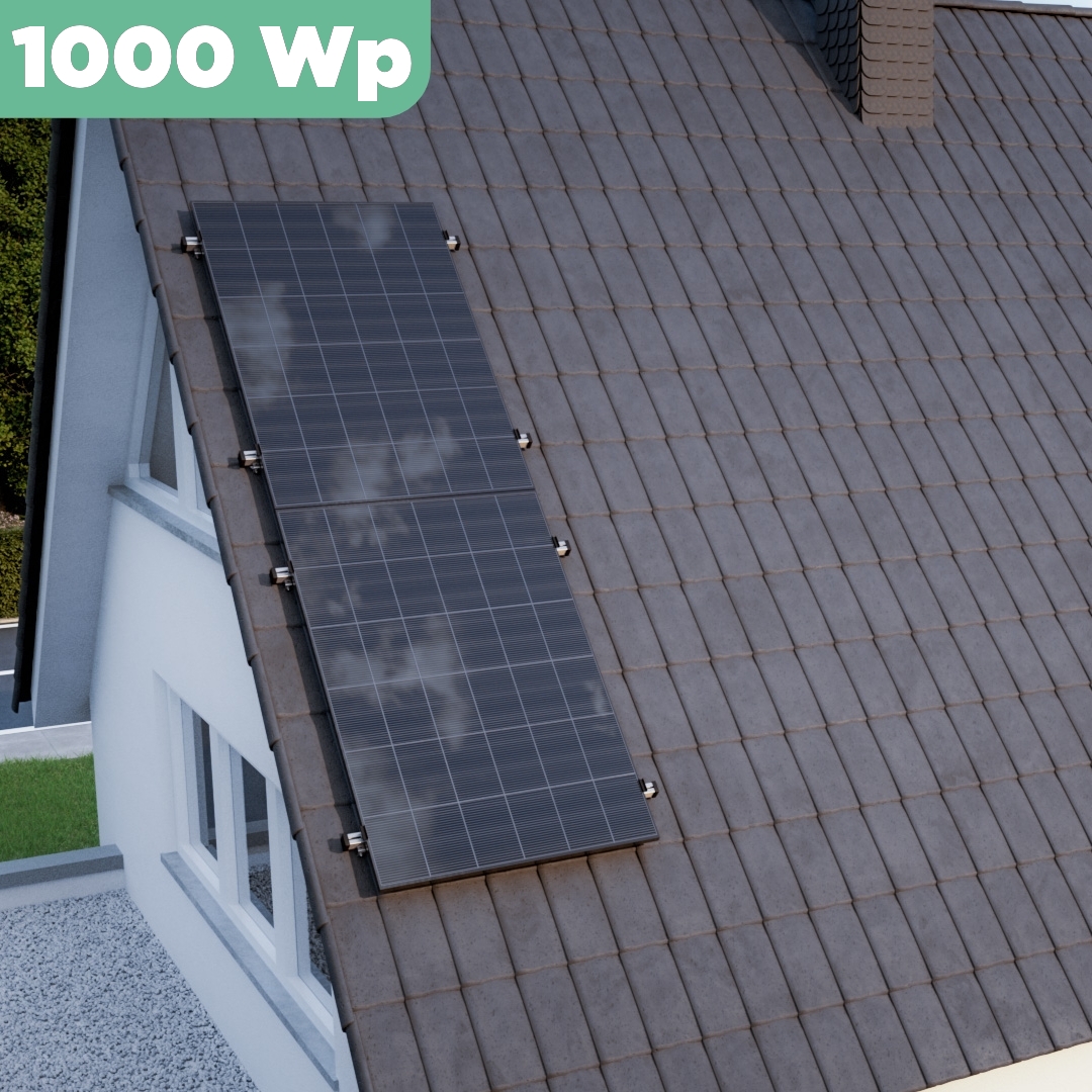Balkonkraftwerk Ziegeldach 1000 Wp — APsystems EZ1-M 800 WTrina Solar / 500 Wp (Glas-Glas) / Klassik Halterung / zwei Reihen hochkant / 2 Module / 20 m