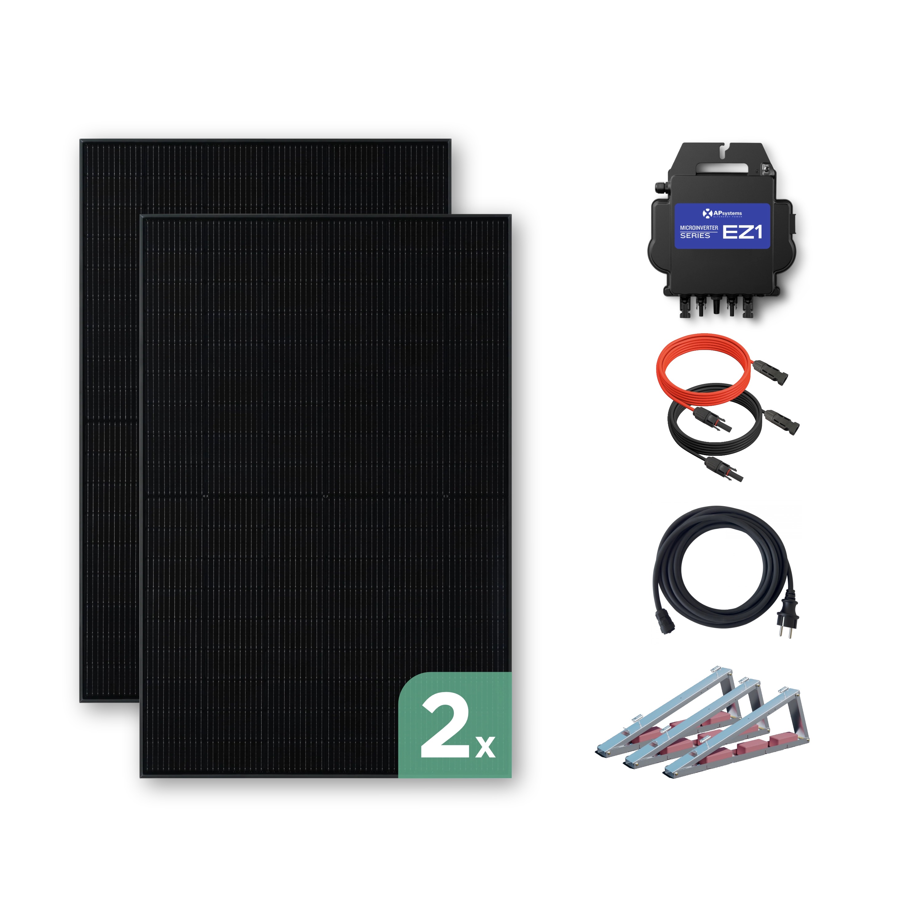 Balkonkraftwerk Flachdach 830 Wp — APsystems EZ1-M 800 W / Trina Solar / 415 Wp (Full Black, Glas-Folie) / Standard / zwei Reihen quer / 2 Module / 20 m