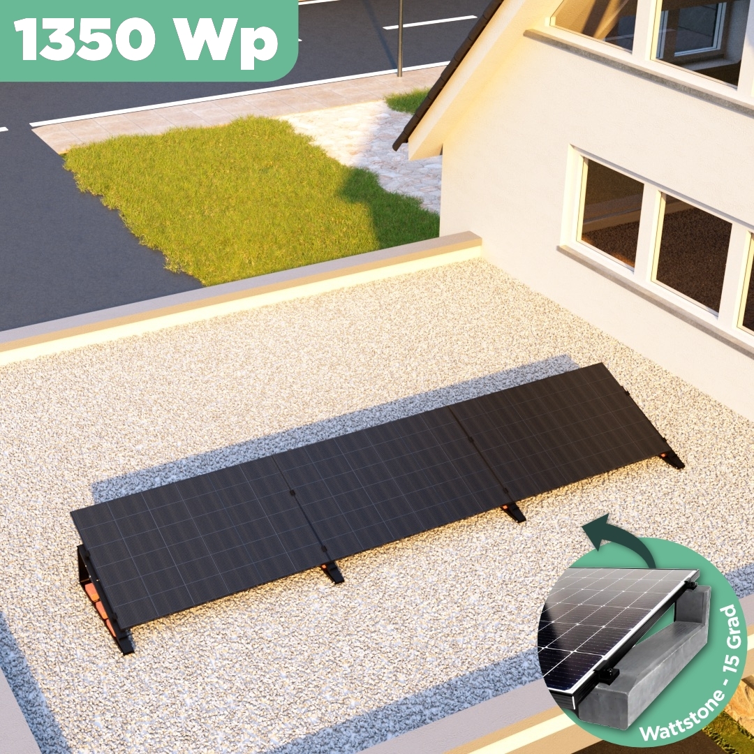 Balkonkraftwerk Flachdach 1350 Wp — APsystems EZ1-M 800 W / Trina Solar / 450 Wp (Glas-Glas Full Black) / Premium - Wattstone Black 15°  / eine Reihe quer / 3 Module Balkonkraftwerk Flachdach 1350 Wp — APsystems EZ1-M 800 W / Trina Solar / 450 Wp (Glas-Glas Full Black) / Premium - Wattstone Black 15°  / eine Reihe quer / 3 Module / 20 m