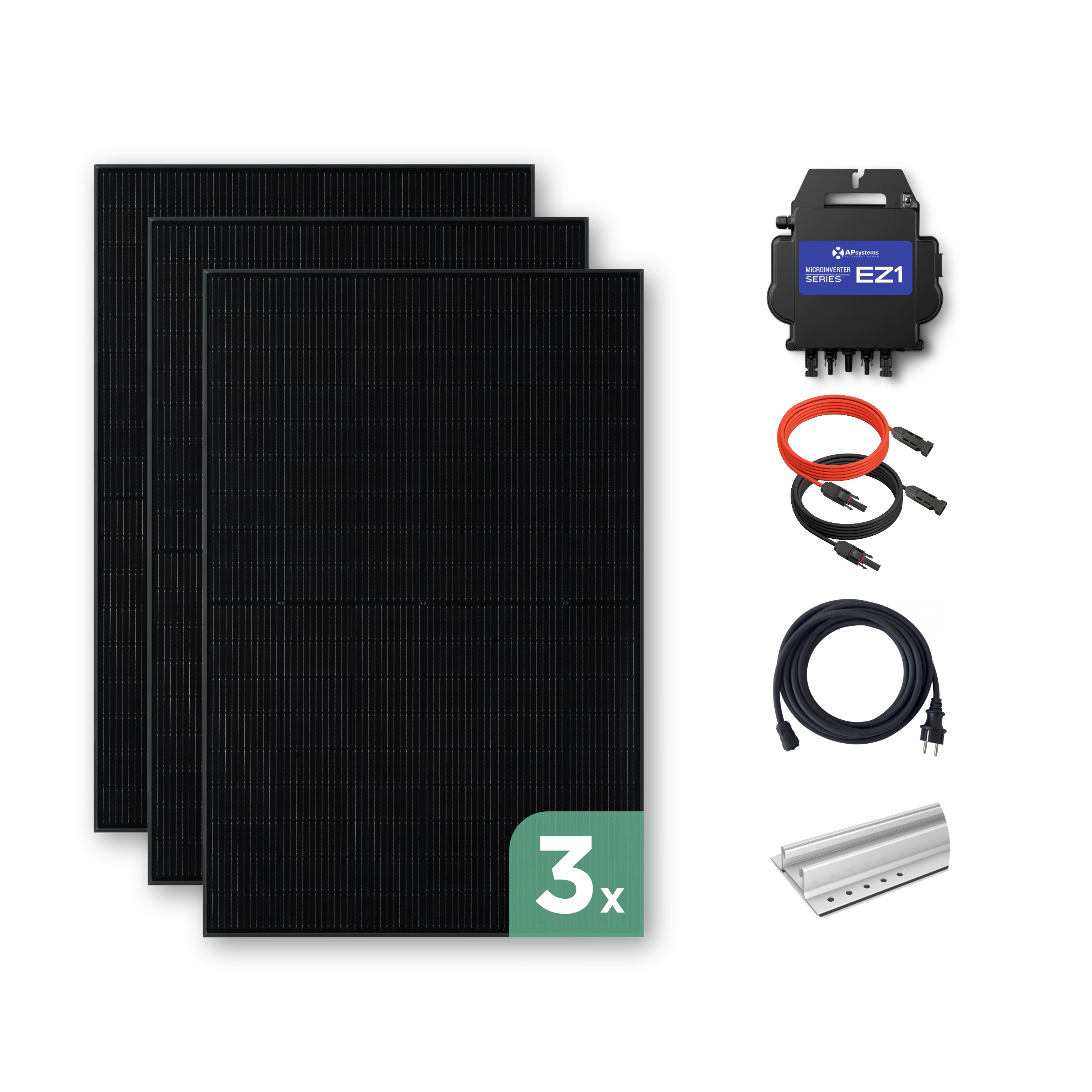 Balkonkraftwerk Trapezblech 1290 Wp — APsystems EZ1-M 800 W / Trina Solar / 430 Wp ( Glas-Glas + Bifazial) / Standard Halterung / eine Reihe quer / 3 Module / 20 m