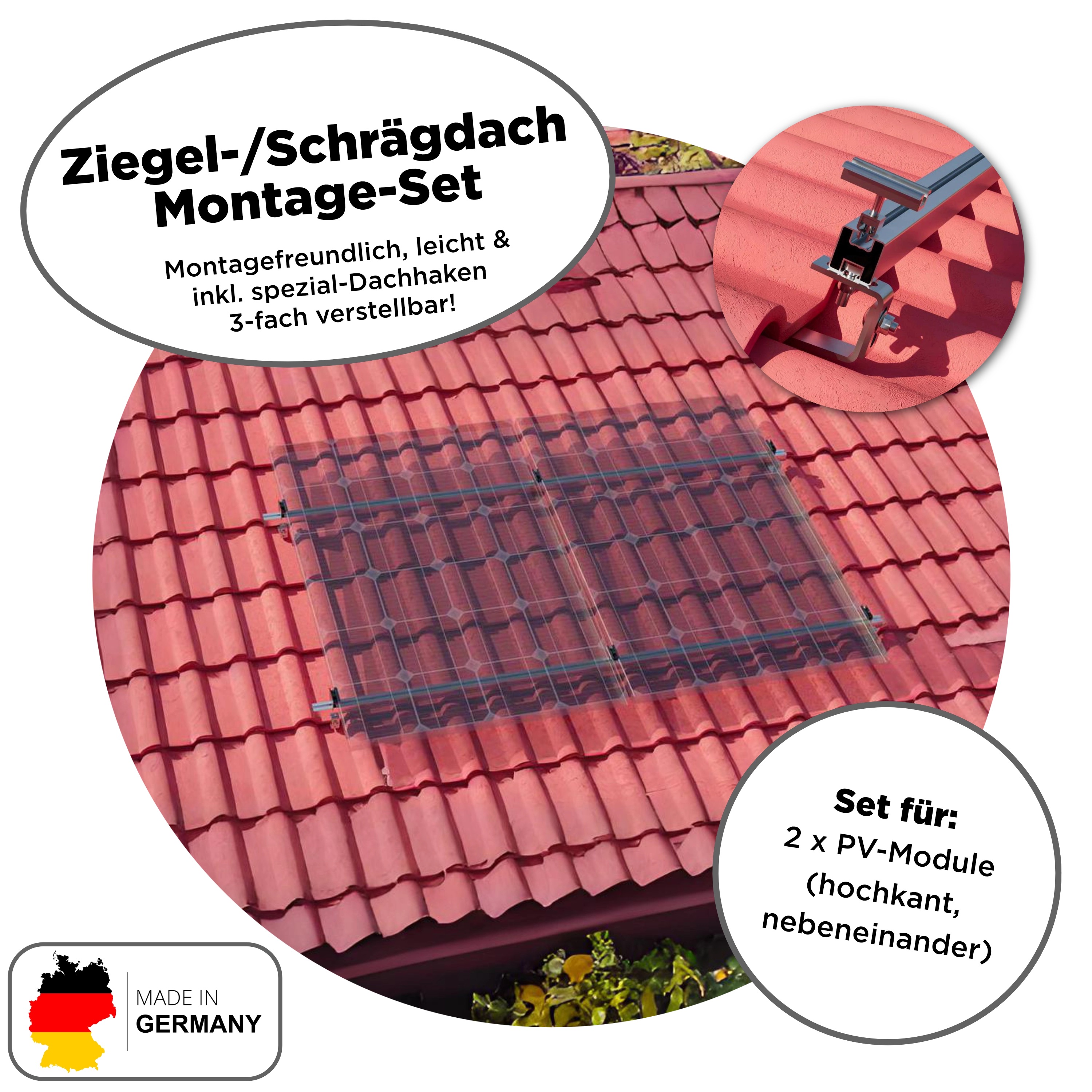 Balkonkraftwerk Ziegeldach 430 Wp — APsystems EZ1-M 800 WTrina Solar / 430 Wp (Glas-Glas + Bifazial) / Klassik Halterung / eine Reihe hochkant / 1 Modul Balkonkraftwerk Ziegeldach 2000 Wp — APsystems EZ1-M 800 WTrina Solar / 500 Wp (Glas-Glas) / Klassik Halterung / zwei Reihen hochkant / 4 Module / 20 m