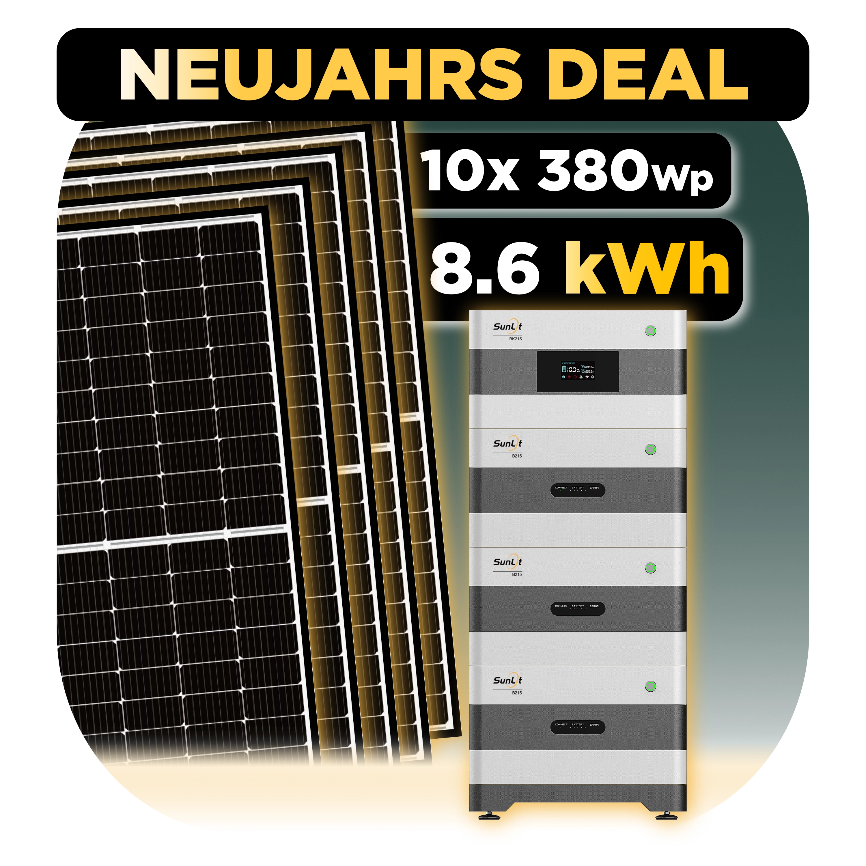 Sunlit Solar Speicher Komplett Set — SunLit Speicher 8,6 kWh + 10 x 380 Wp Module + 800 W Deye Wechselrichter + 3 m Anschlusskabel