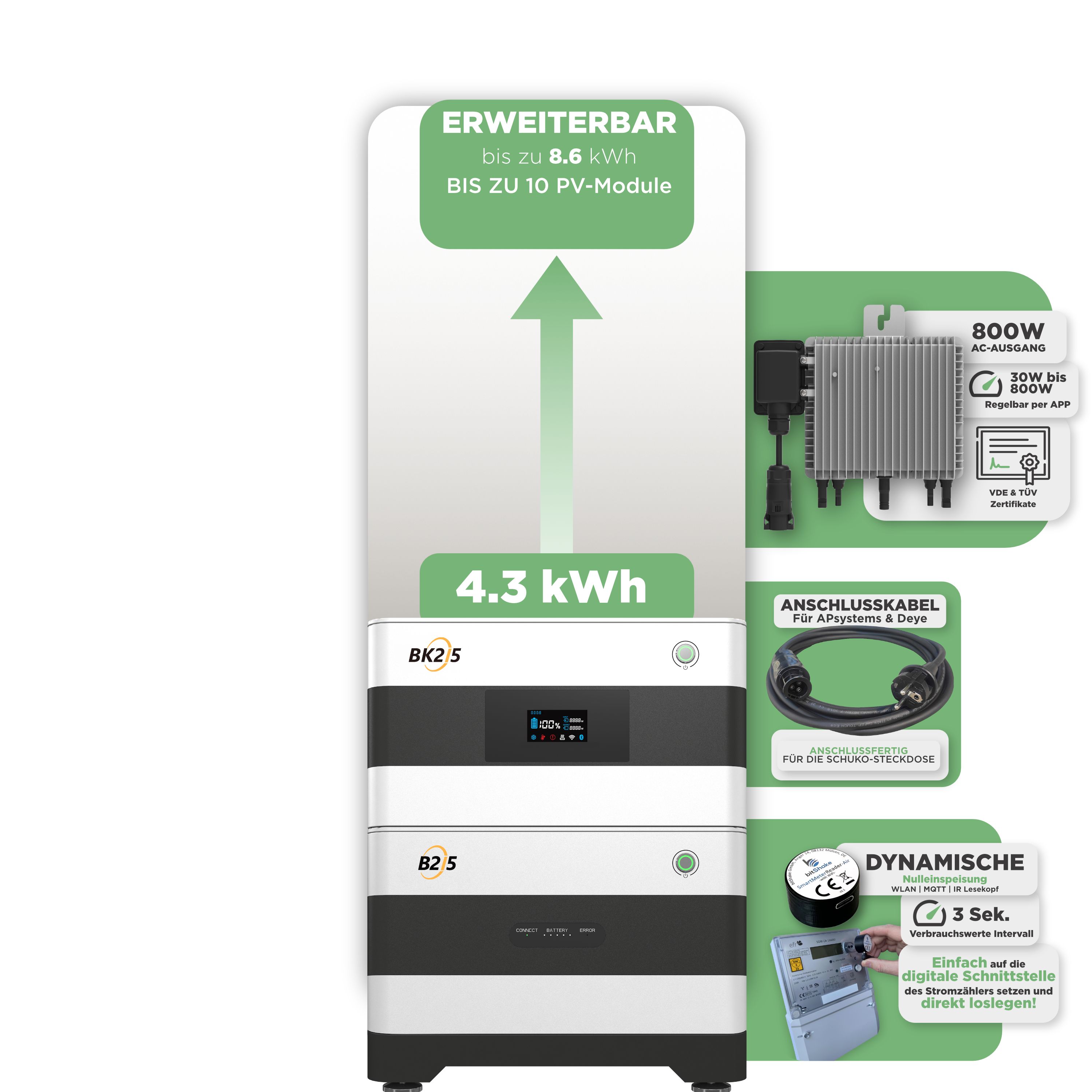 SunEnergyXT Balkonkraftwerkspeicher — 4.300 Wh / mit IR Lesekopf (bitshake) / 800 W (Deye-SUN-M) / 20 m Schuko Kabel