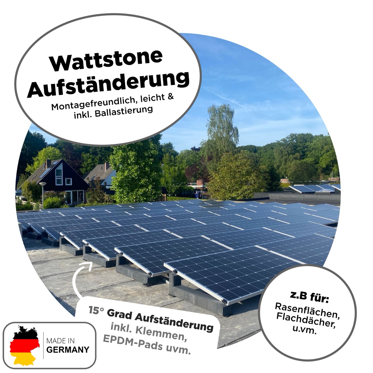 Balkonkraftwerk Flachdach 415 Wp — APsystems EZ1-M 800 W / Trina Solar / 415 Wp (Full Black, Glas-Folie) / Premium - Wattstone Black 15°  / eine Reihe quer / 1 Modul Balkonkraftwerk Flachdach 2000 Wp — APsystems EZ1-M 800 W / Trina Solar / 500 Wp (Glas-Glas Full Black) / Premium - Wattstone Black 15°  / zwei Reihen quer / 4 Module / 20 m