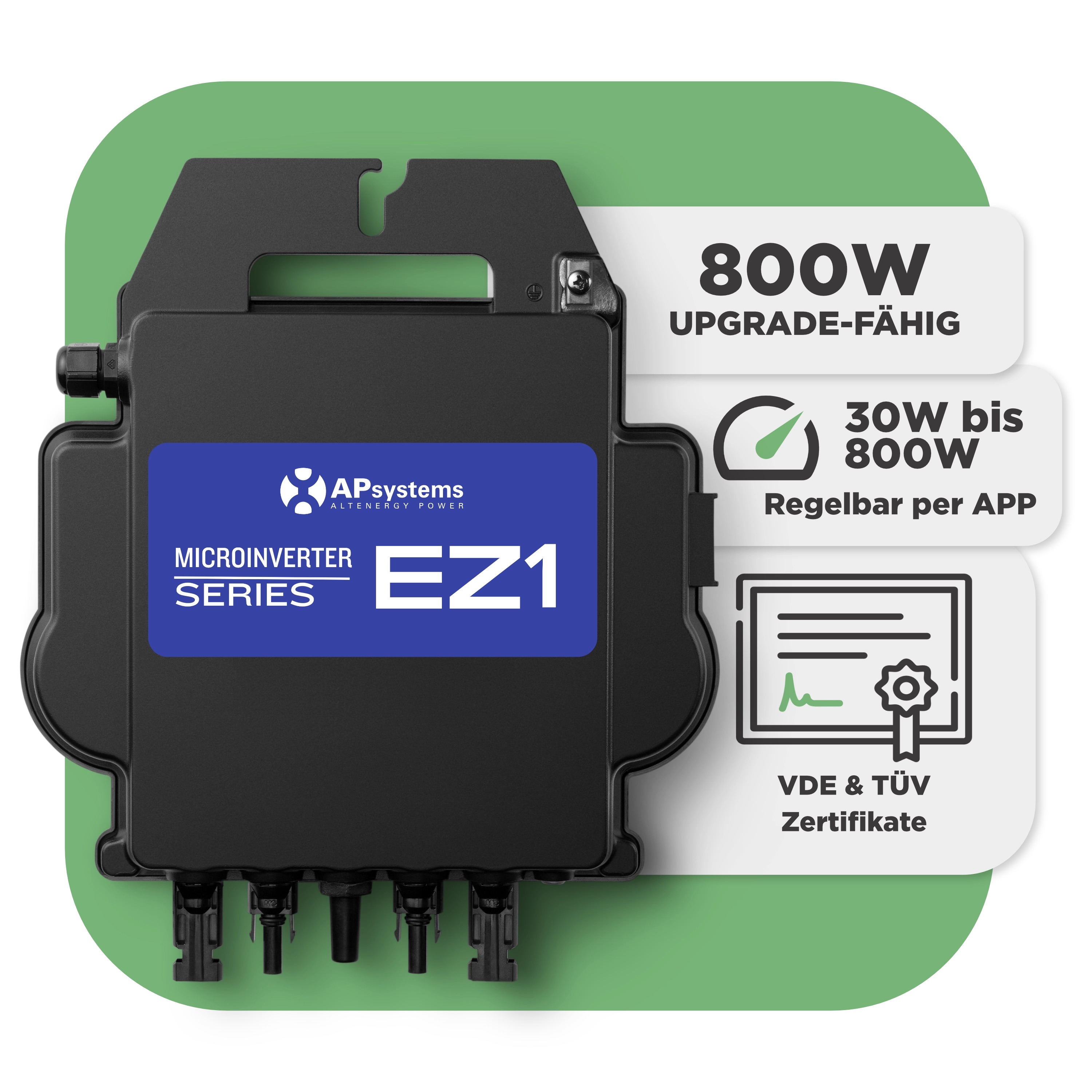 Balkonkraftwerk Flachdach 830 Wp — APsystems EZ1-M 800 W / Trina Solar / 415 Wp (Full Black, Glas-Folie) / Standard / zwei Reihen quer / 2 Module / 20 m
